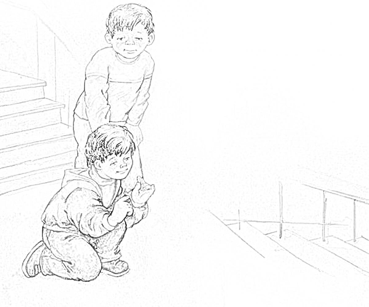 Раскраска Мальчики на лестнице, один из которых присел и показывает что-то пальцем