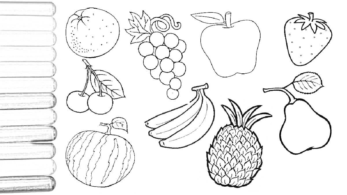 Раскраска Раскраска с фруктами: апельсин, виноград, яблоко, клубника, вишня, бананы, ананас, арбуз, груша