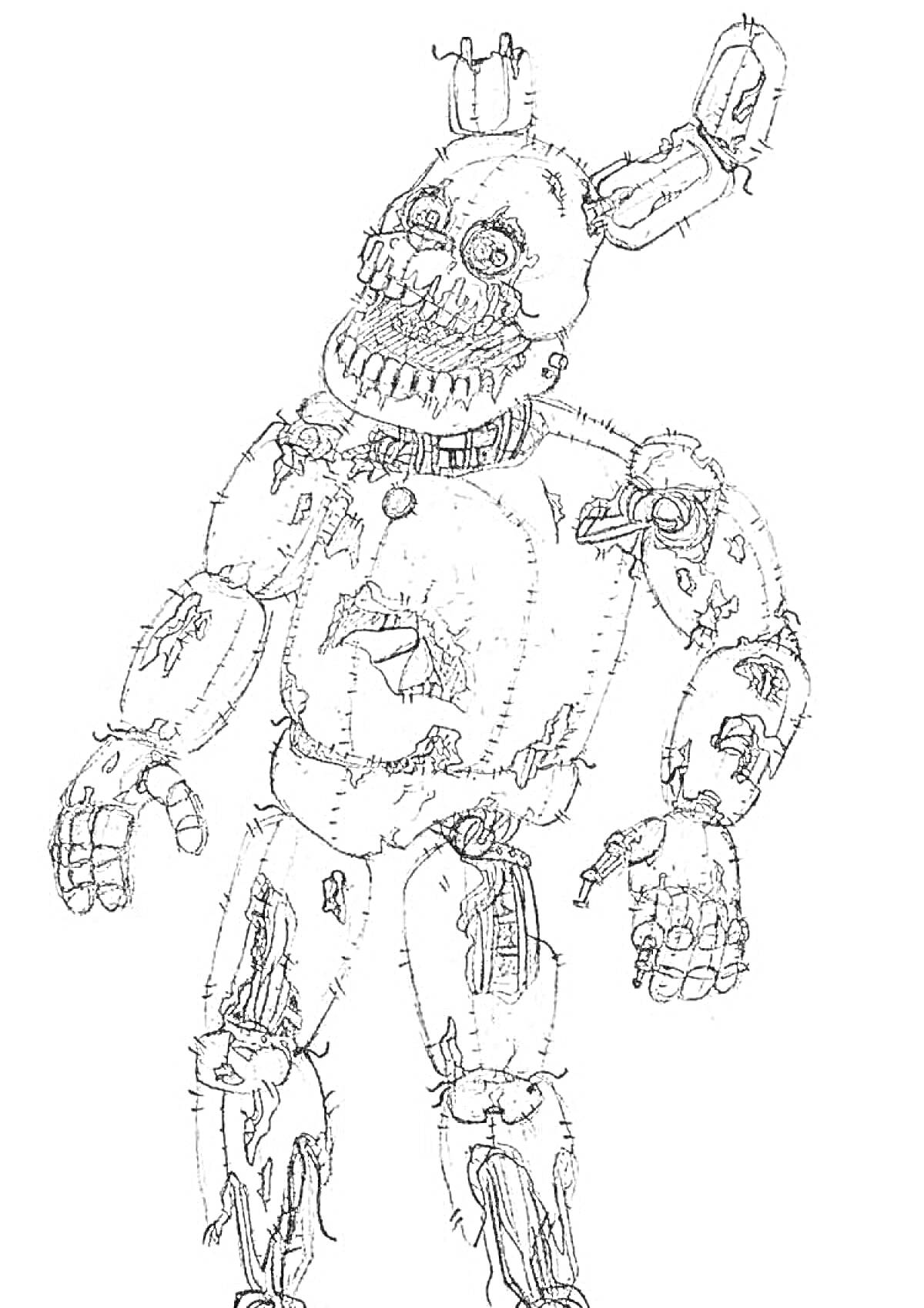Раскраска Спрингтрап - аниматроник с поврежденной и рваной кожей, торчащими проводами, механическими конечностями и большими глазами