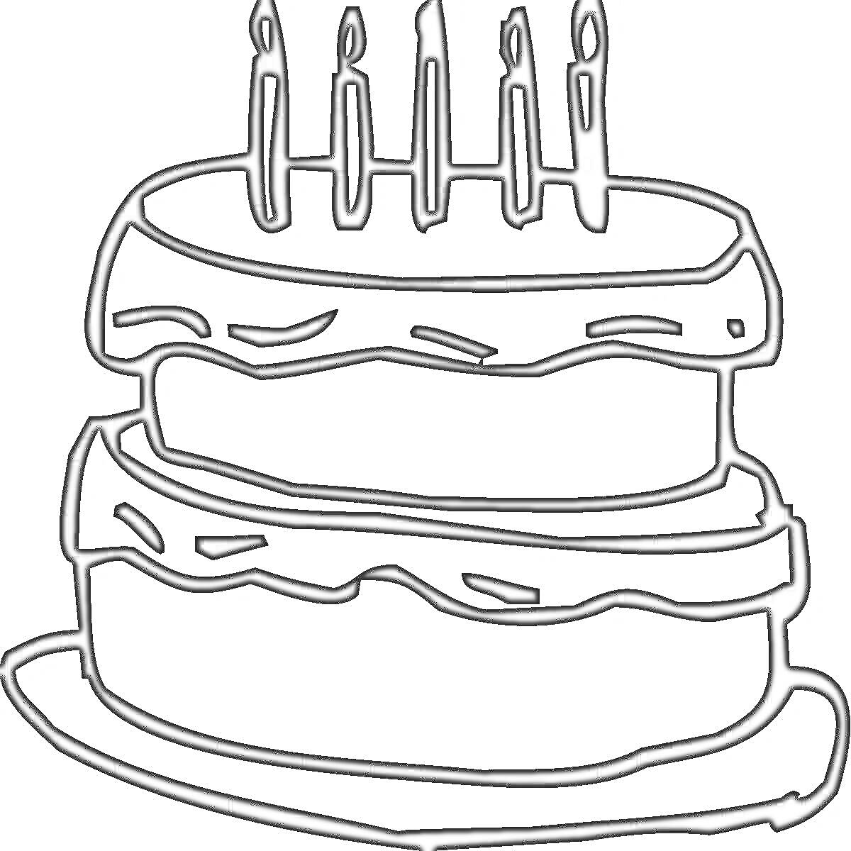 На раскраске изображено: Торт, Двухъярусный торт, Свечки, Блюдо, День рождения