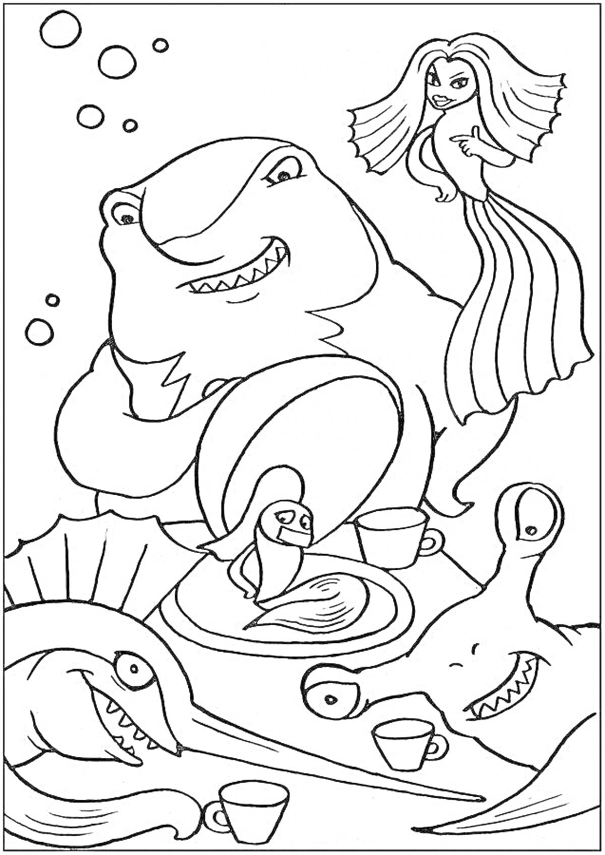 На раскраске изображено: Подводный мир, Чаепитие, Русалка, Рыба, Чашки, Пузыри