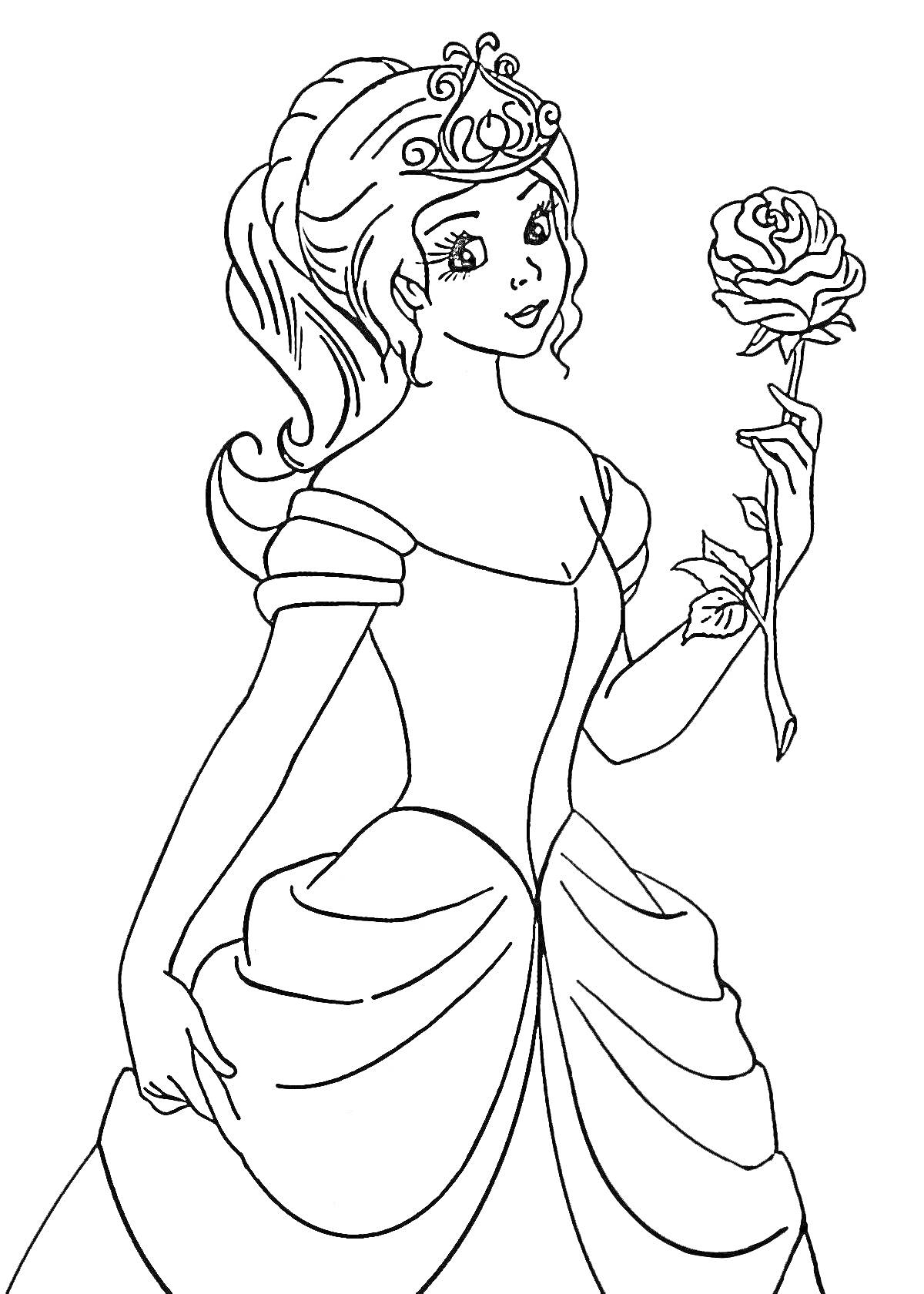 На раскраске изображено: Принцесса, Бальное платье, Корона, Красивая прическа, Женский персонаж