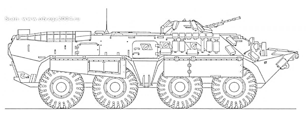 Раскраска Бронированный транспортёр с элементами брони, колесами, антеннами и пушкой