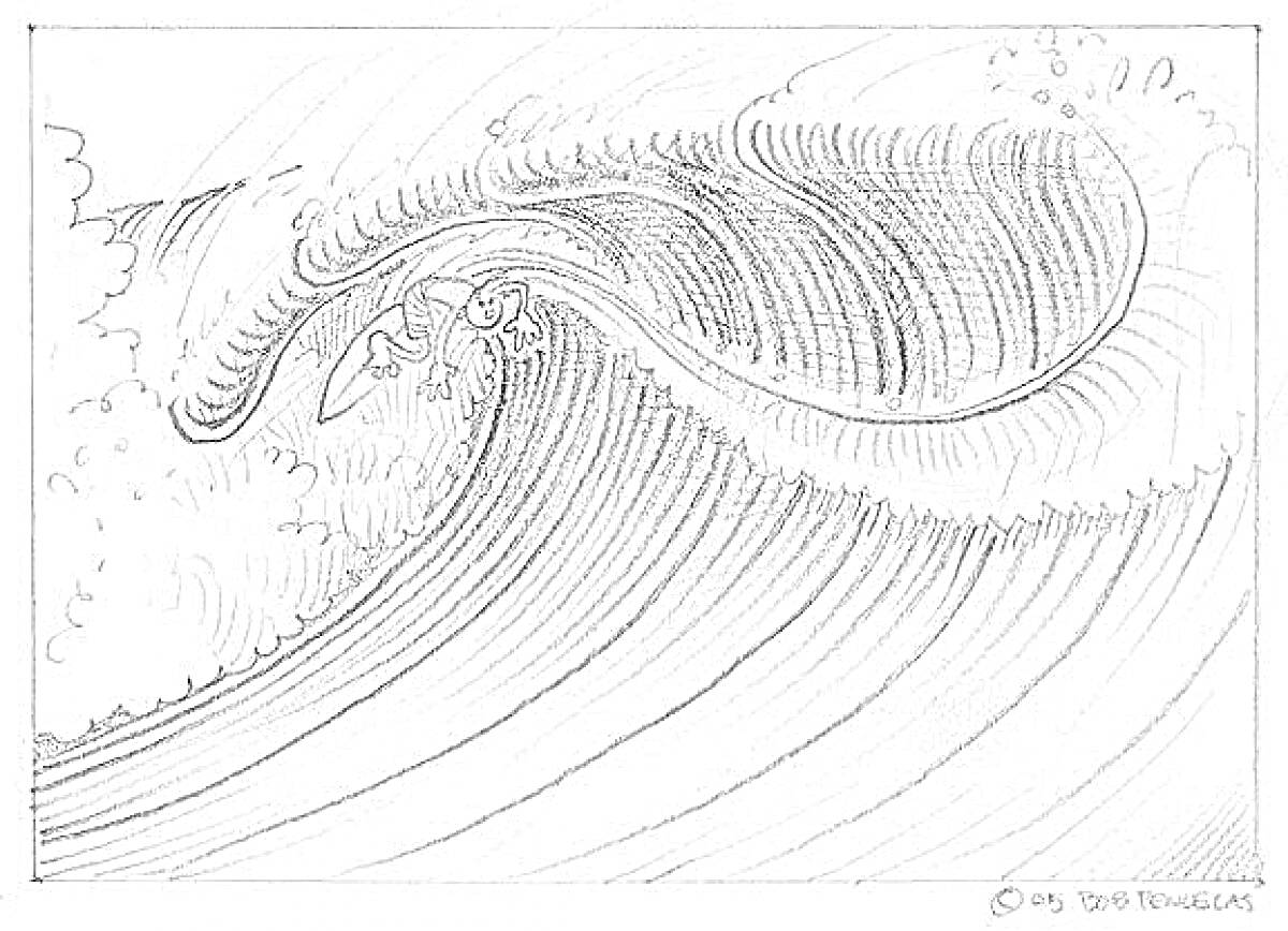 Раскраска Цунами с серфером на гребне волны