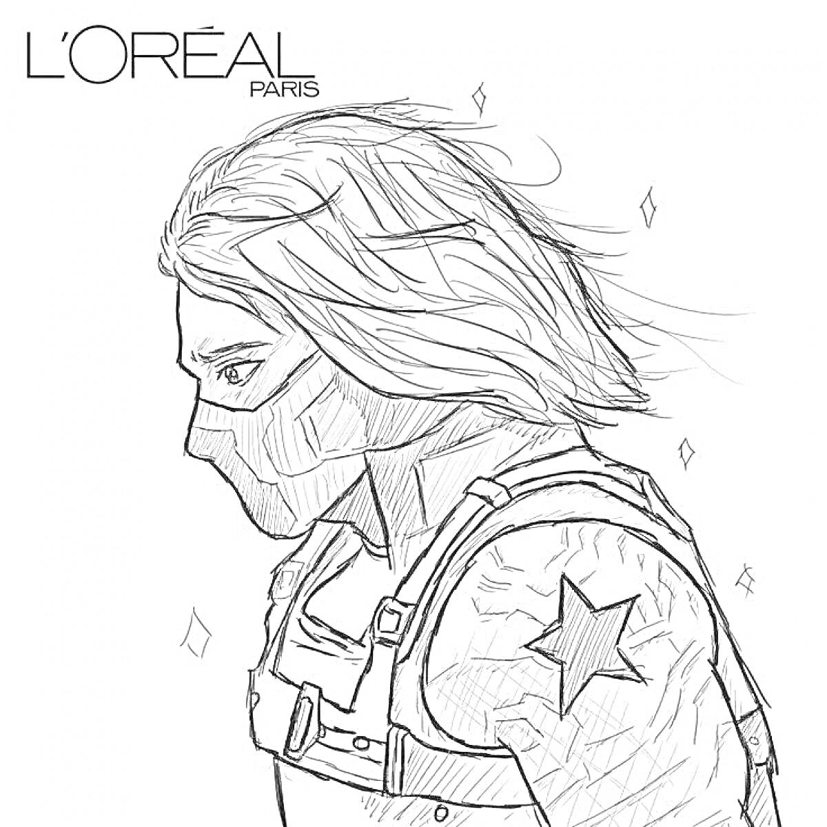Раскраска Портрет персонажа с длинными волосами и маской, звездой на плече и ремнями, логотип L'Oréal Paris в углу