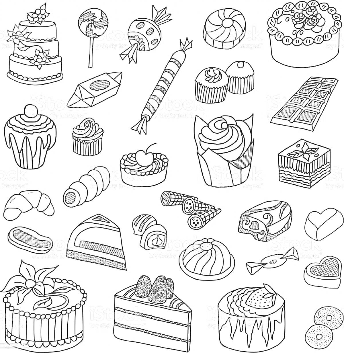 Раскраска Разнообразные кондитерские изделия: торты, пирожные, капкейки, шоколад, круассаны, леденцы, конфеты