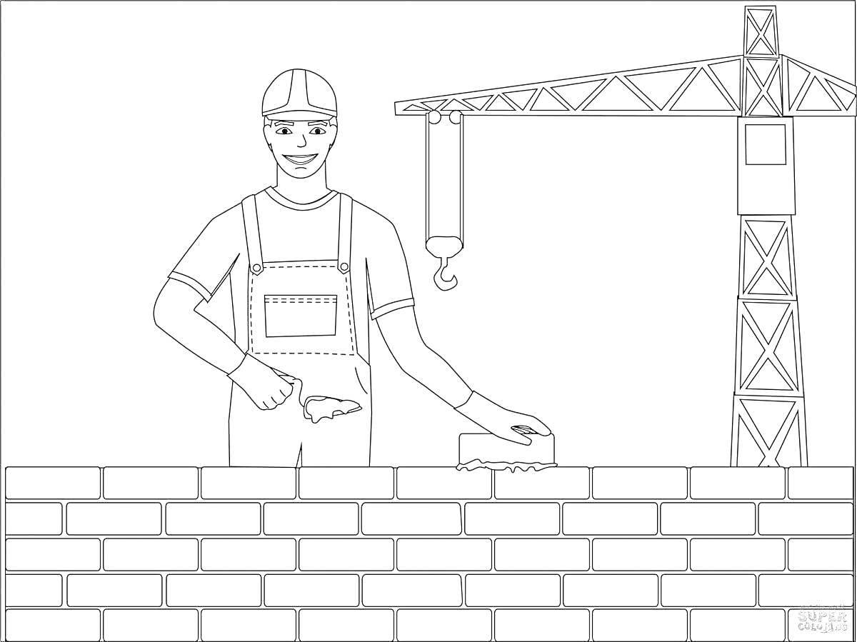 Раскраска Строитель, поднимающий кирпичную стену с краном на заднем плане