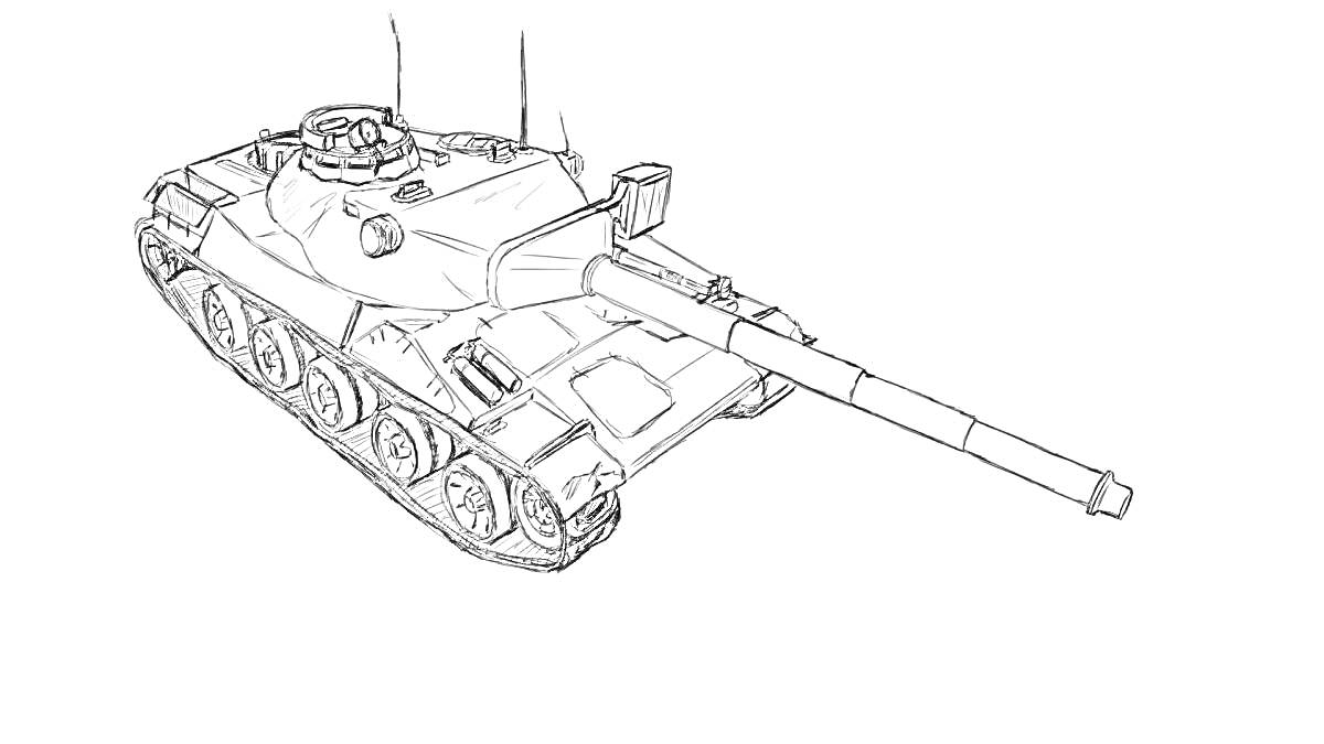 Раскраска Танковый бой на Т-34 — детская раскраска с тяжёлым танком Т-34, боевой пушкой и гусеницами