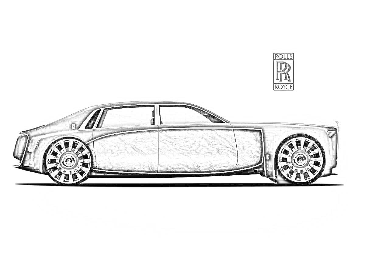 Раскраска автомобиля Rolls-Royce Phantom с эмблемой Rolls-Royce и боковым видом машины