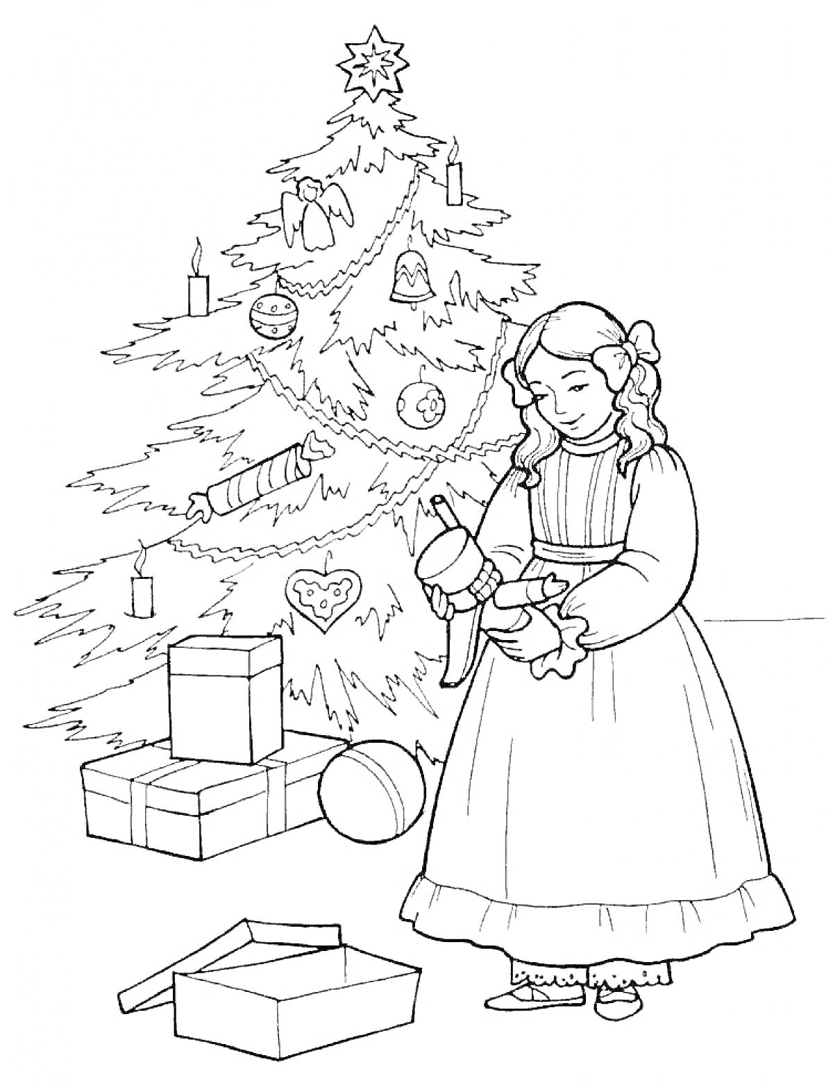 Раскраска Девочка с Щелкунчиком возле рождественской ёлки с украшениями и подарками