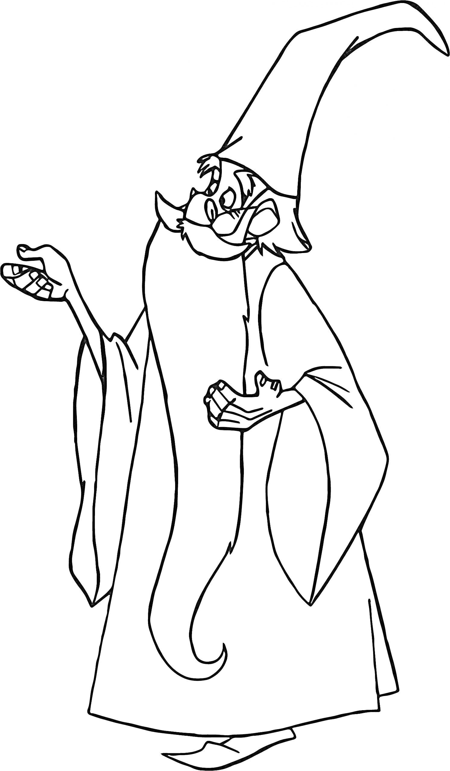 Раскраска Волшебник с длинной бородой в остроконечной шляпе и длинной мантии, держит в руках волшебные предметы