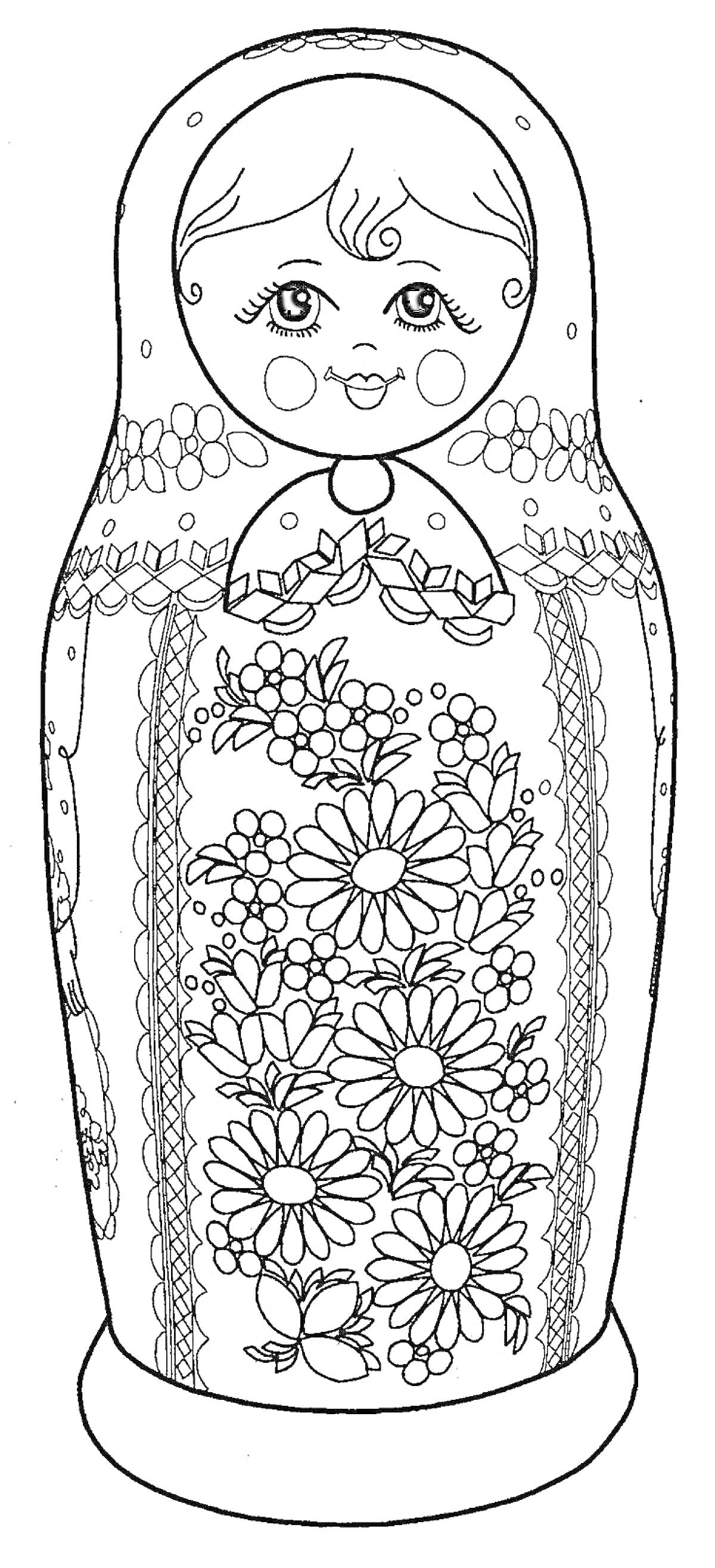 Раскраска Матрешка с цветами и узорами