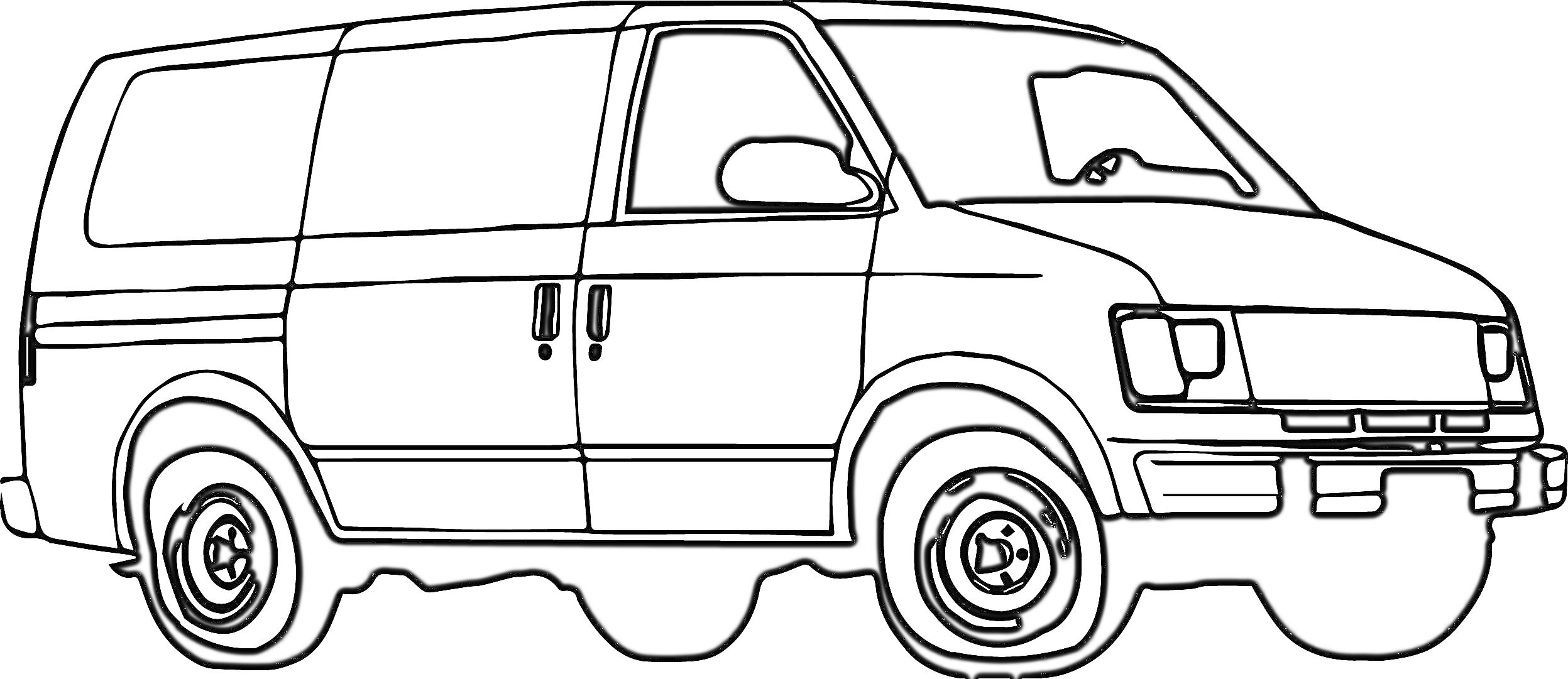 На раскраске изображено: Фургон, Транспорт, Колеса, Окна, Фары, Дверь, Авто
