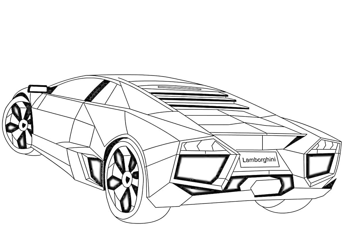 Раскраска Вид сзади на автомобиль Lamborghini с объемными геометрическими линиями и текстом 