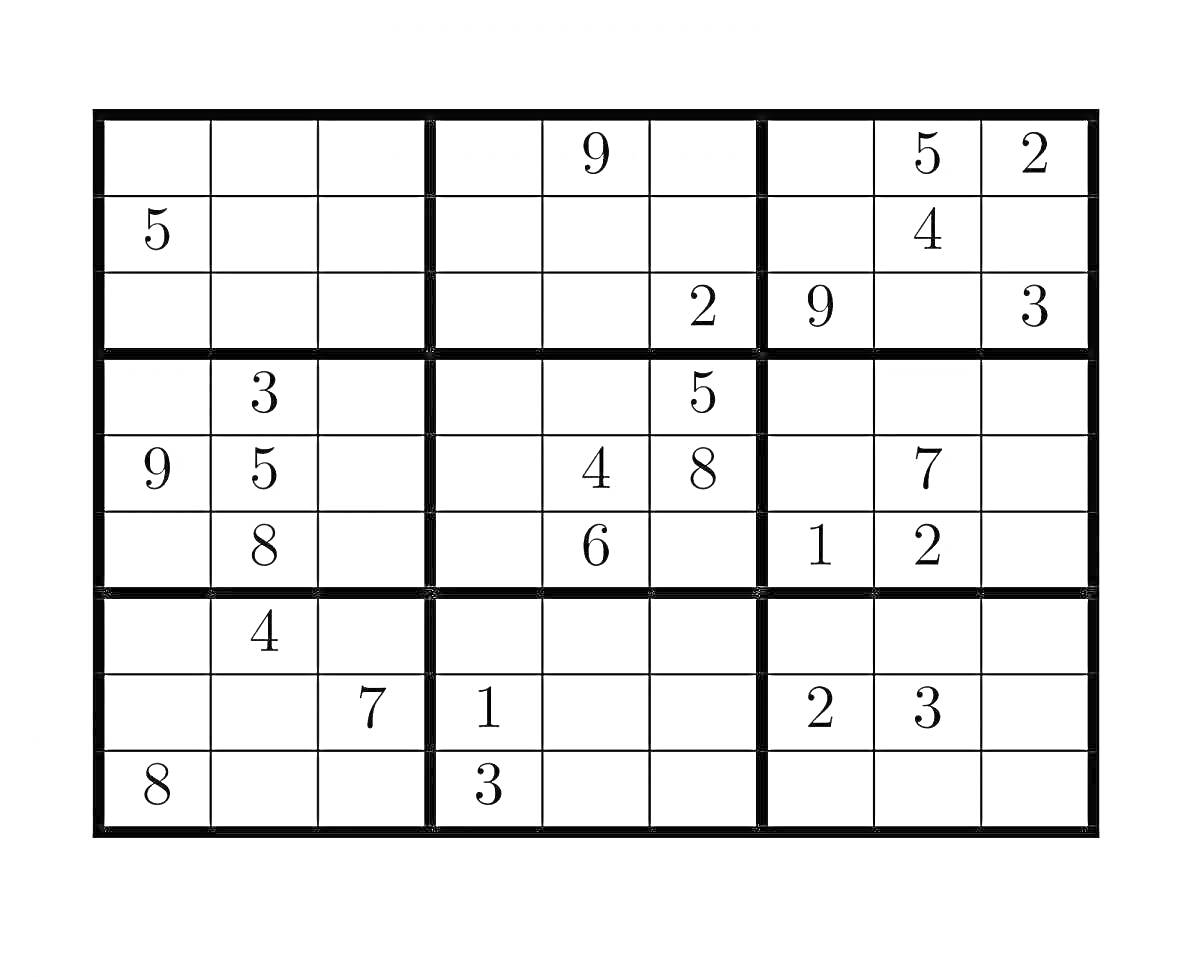 Раскраска Сложный Судоку 9x9 с разными цифрами в квадратах