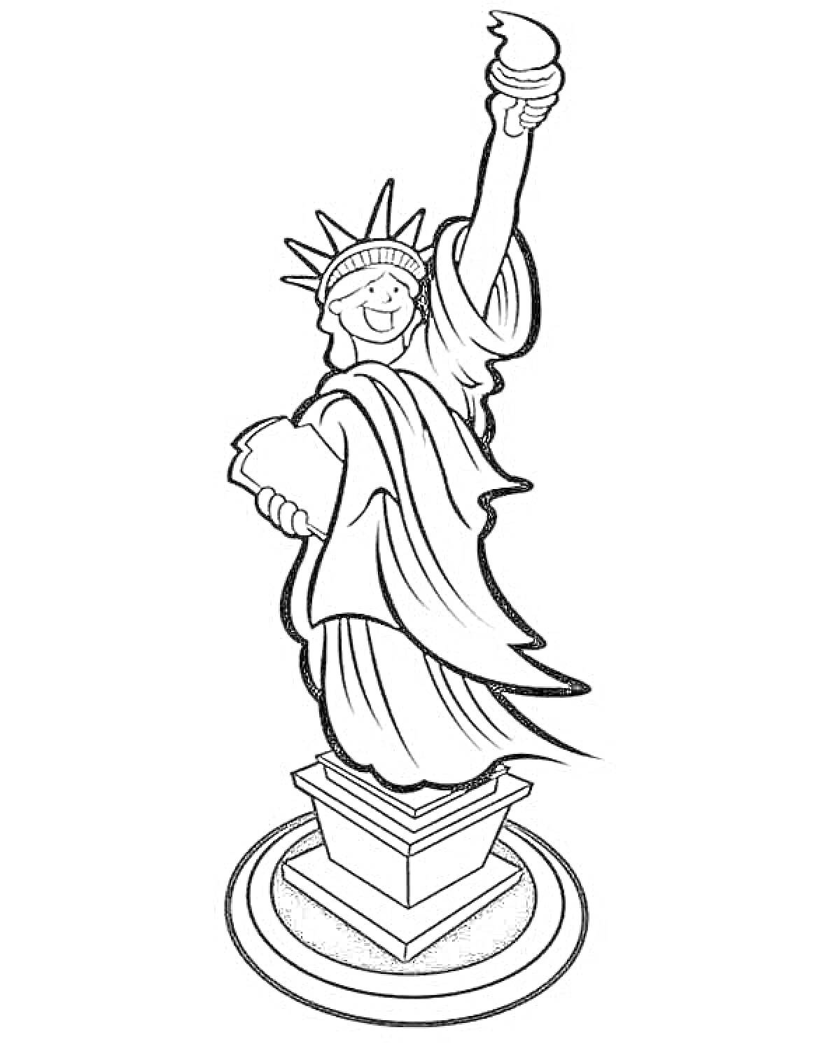 На раскраске изображено: Статуя, Свобода, США, Факел, Табличка, Постамент
