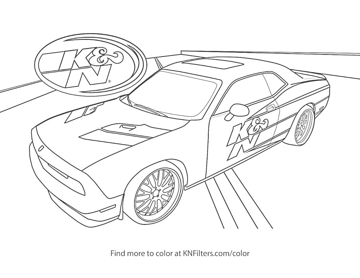 Раскраска Гоночный автомобиль с логотипом K&N на капоте и двери