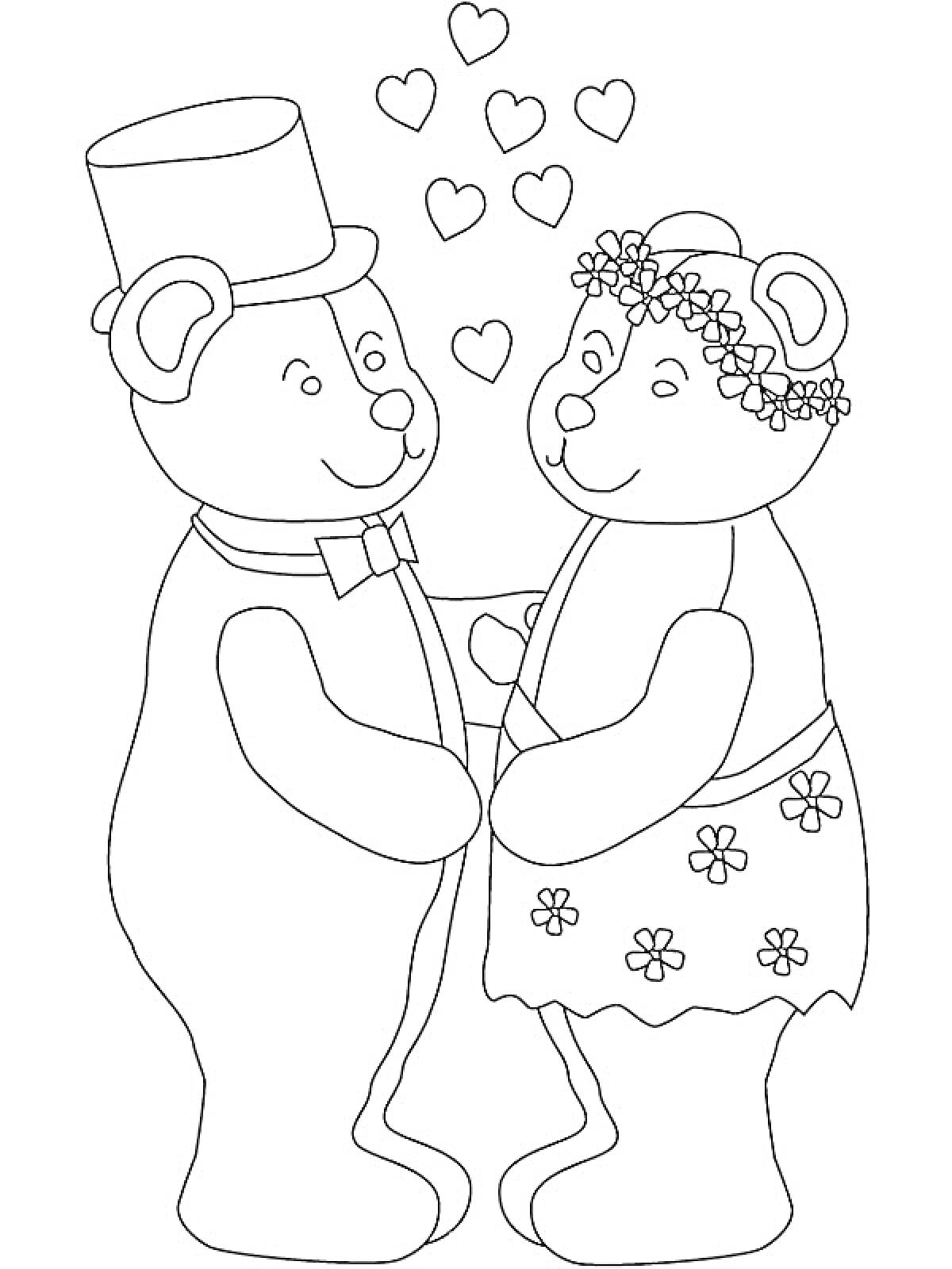 На раскраске изображено: Свадьба, Цветы, Фата, Романтика, Медведь, Сердца