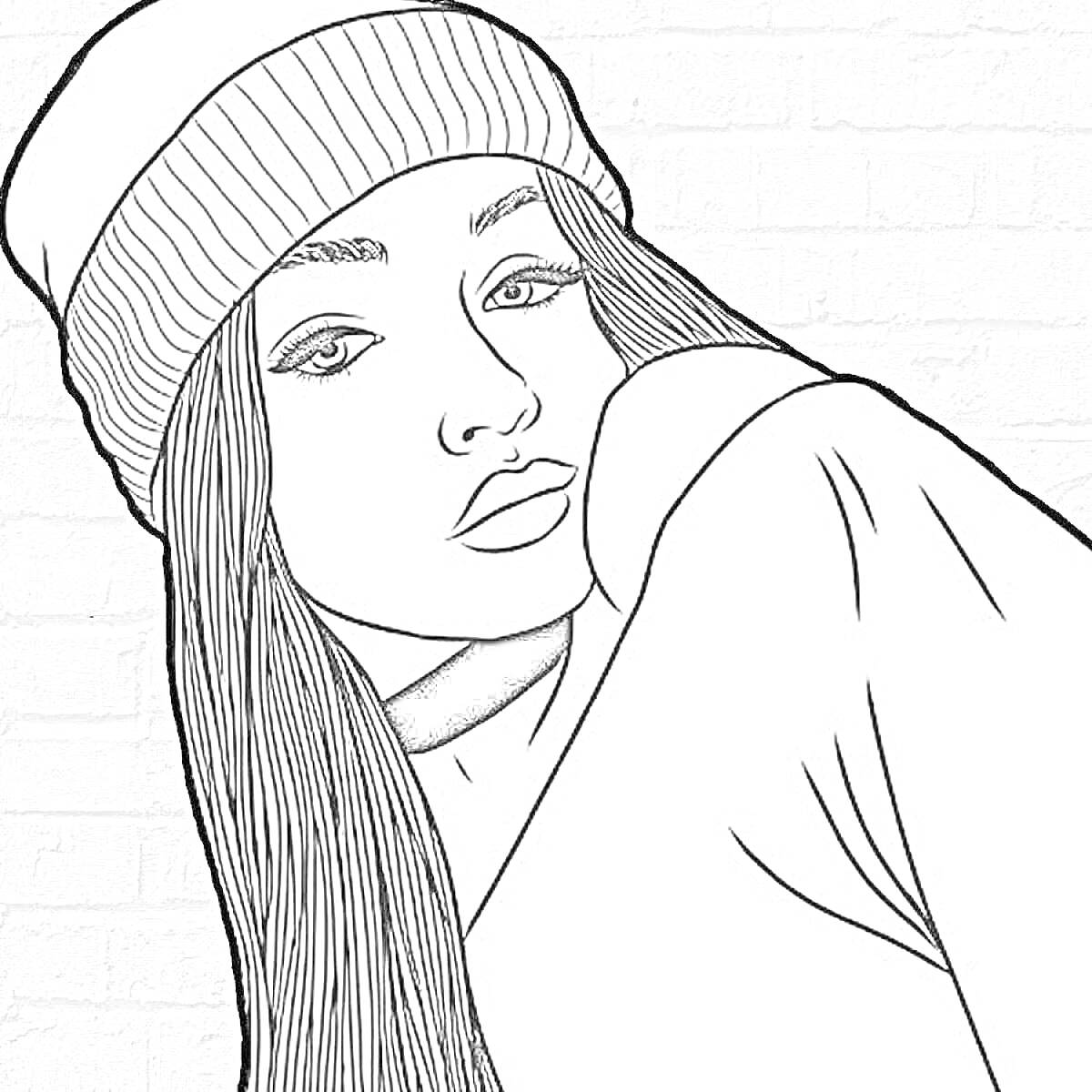 Раскраска Девушка в шапке на фоне кирпичной стены
