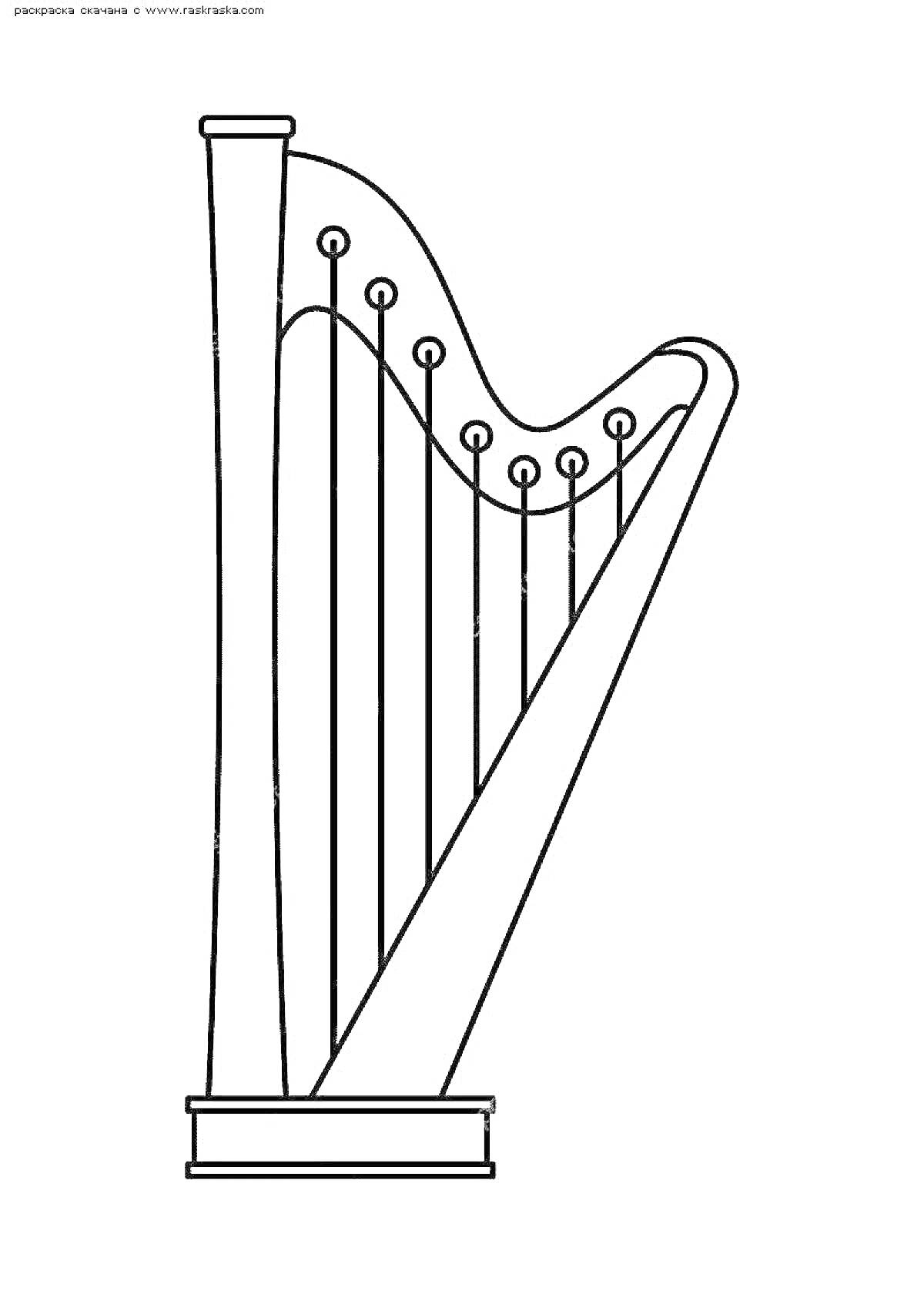 Раскраска Арфа с натянутыми струнами и корпусом с подставкой