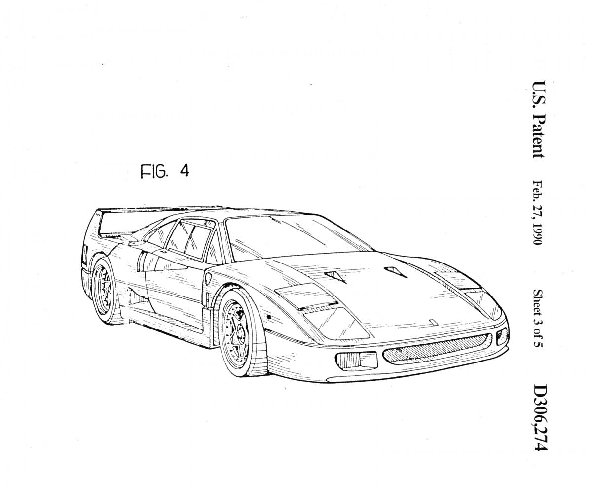 Раскраска Чертеж патента на Ferrari F40 с изображением автомобиля, дата патента, номер листа (3 из 6), и номер патента (D306-274)