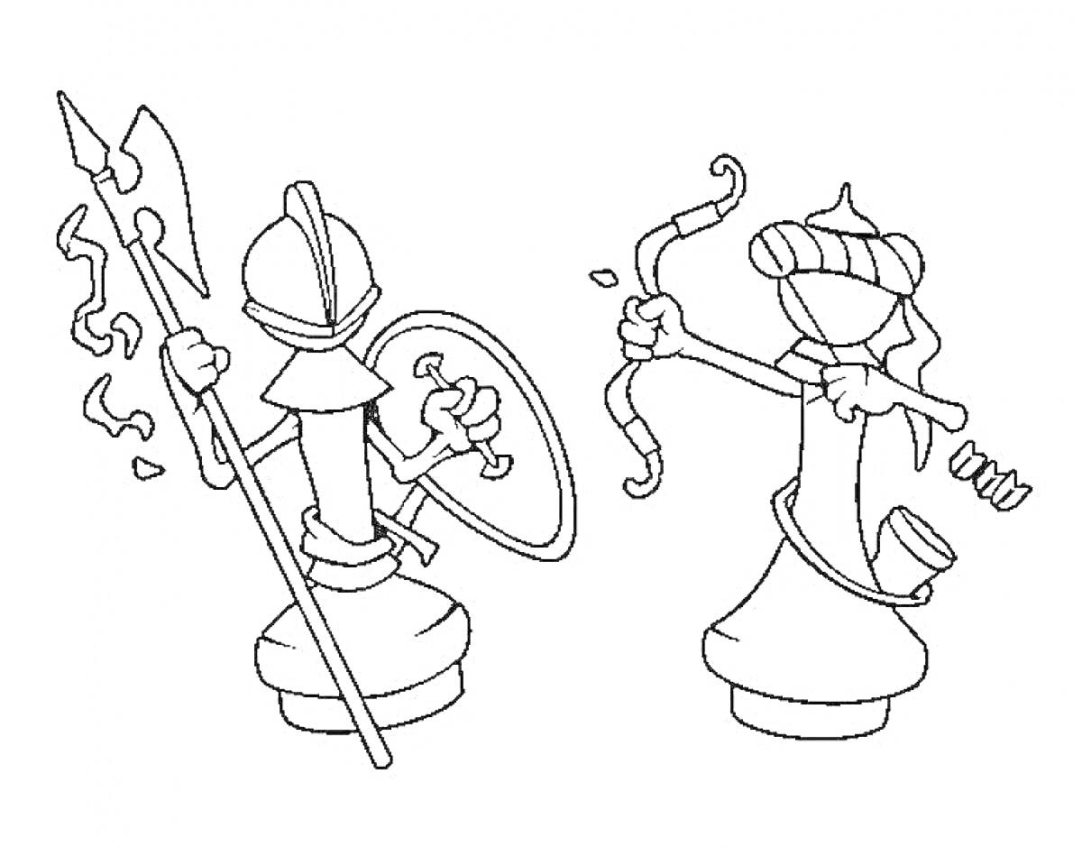 Шахматные фигуры с оружием: пешка со щитом и копьем, пешка с луком и стрелами