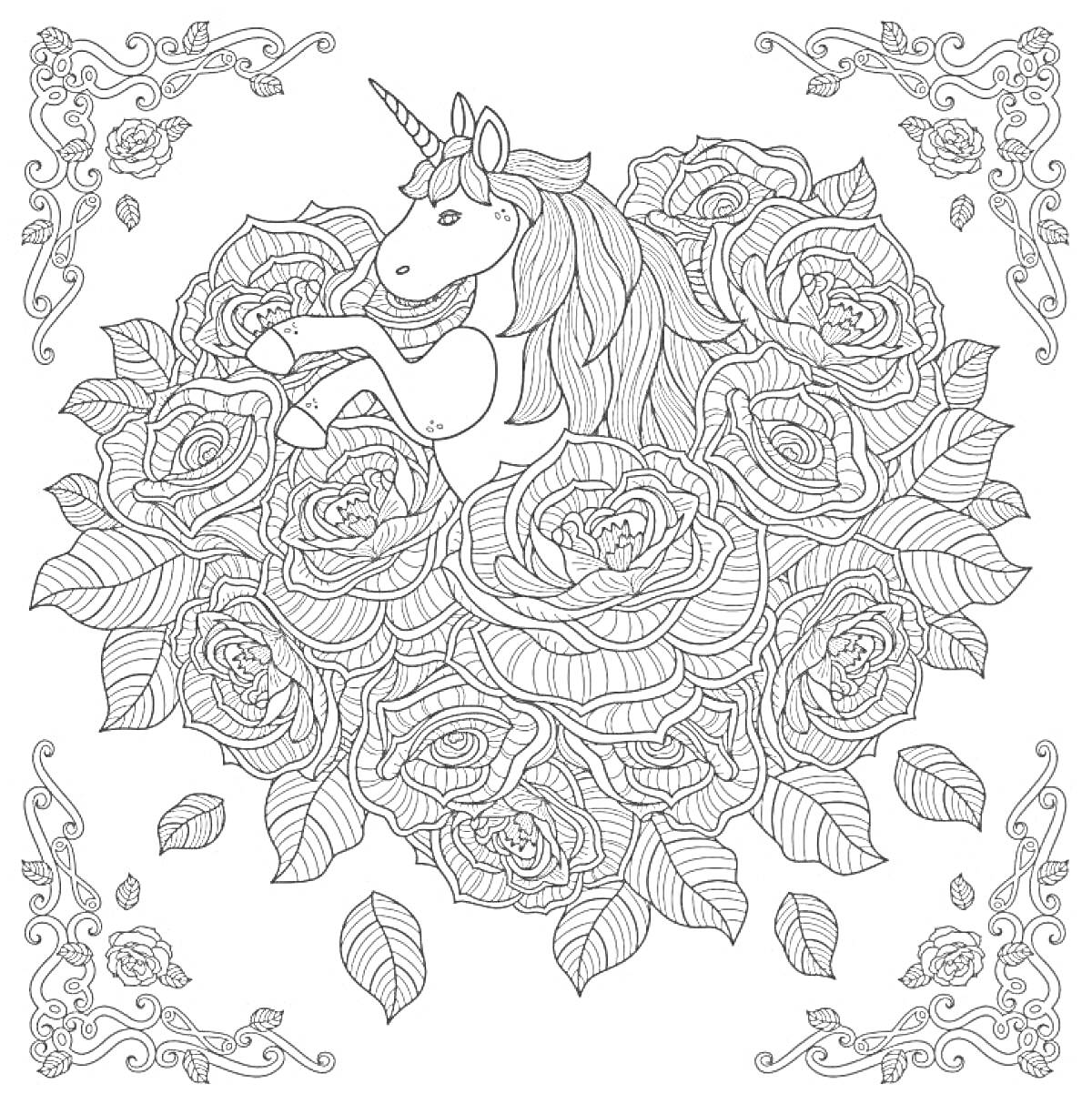 Раскраска Единорог среди роз в декоративной рамке с цветочными узорами