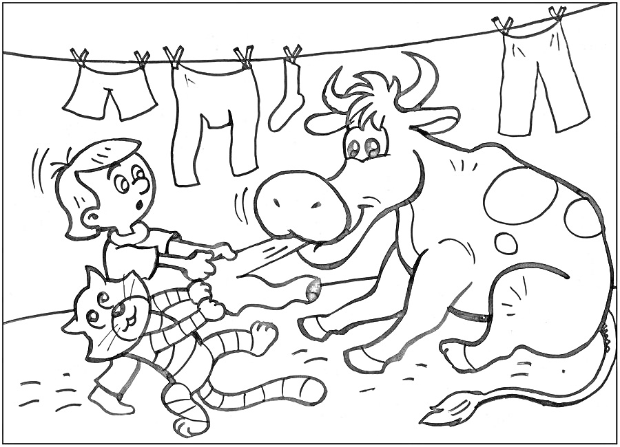 Раскраска Мальчик и кот тянут хвост у коровы, сзади висят вещи на веревке.