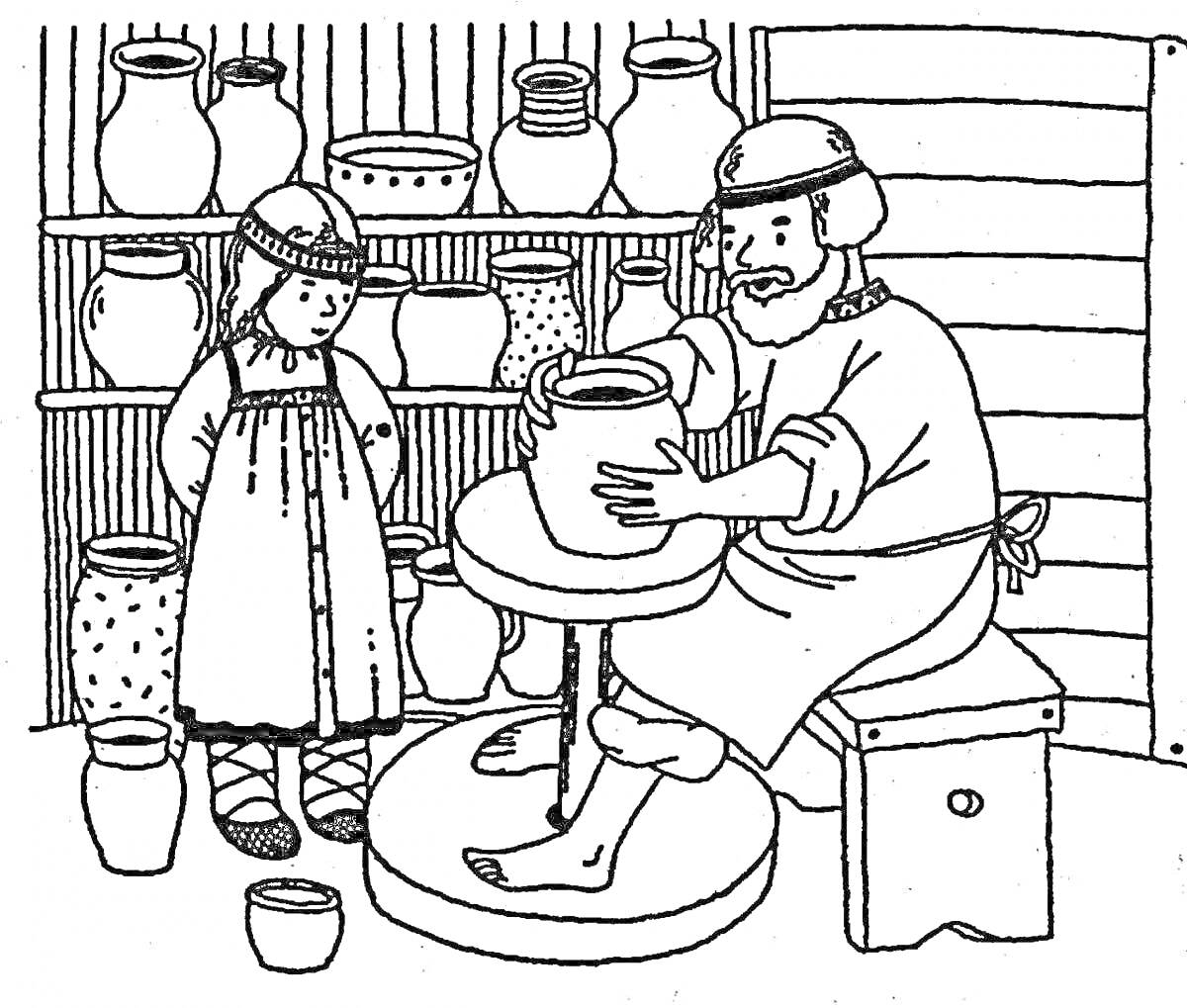 Гончар за работой, девушка, полка с глиняной посудой, деревянный стол, гончарный круг