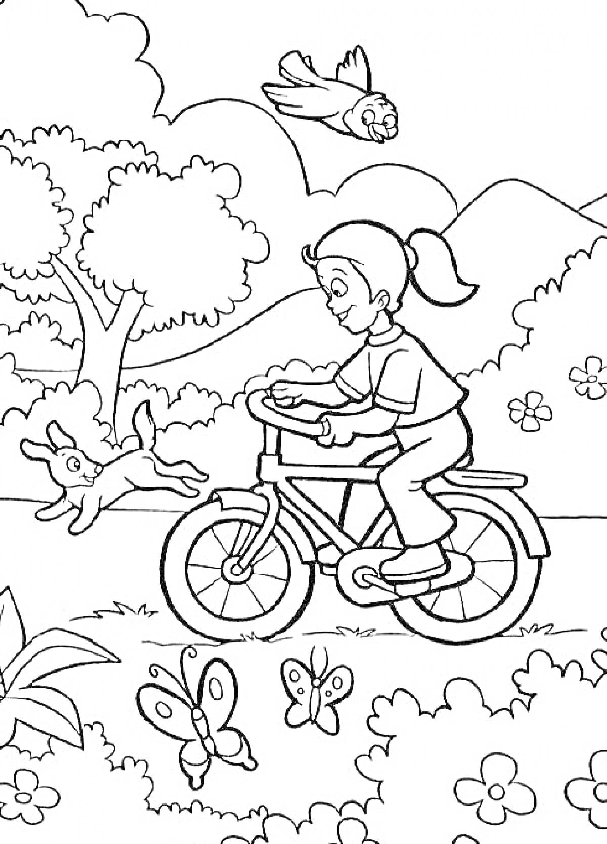 Раскраска Девочка на велосипеде в летнем пейзаже с природой, собачкой, летящими птицами и бабочками