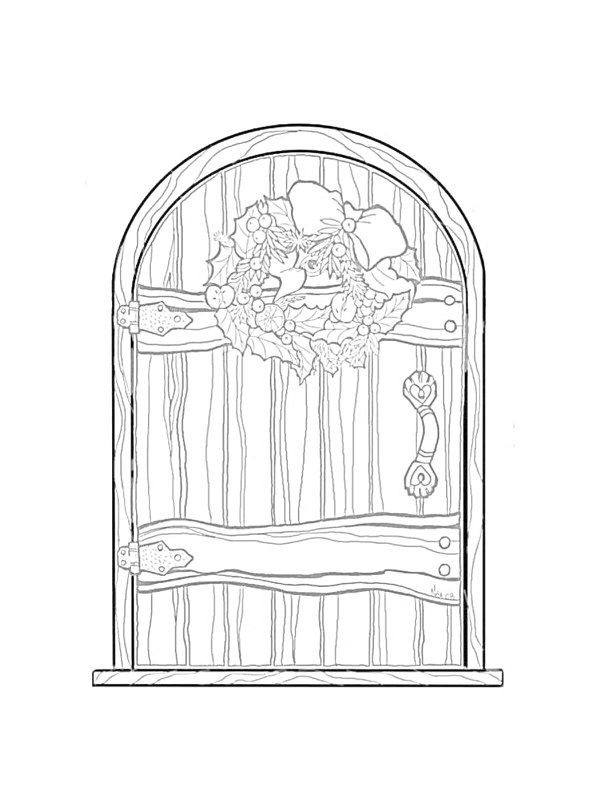 На раскраске изображено: Дверь, Деревянная, Венок, Ручка, Арка, Новый год, Контурные рисунки, Праздники