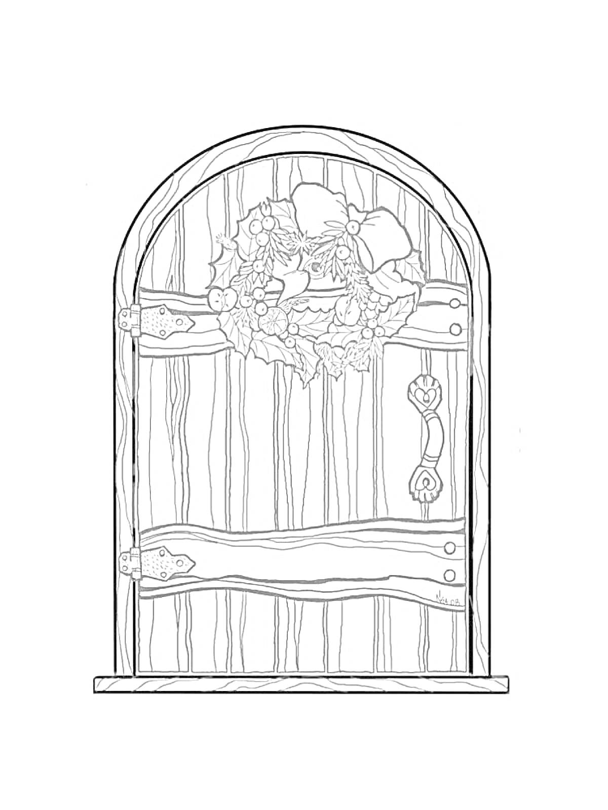 На раскраске изображено: Дверь, Венок, Ручка, Арка, Элементы декора, Новый год, Контурные рисунки, Праздники