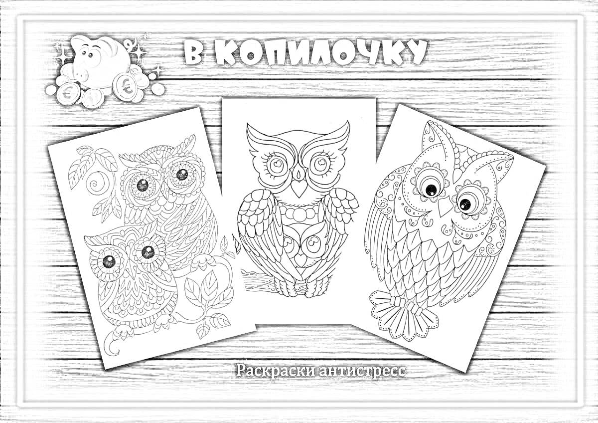 Раскраска Раскраски-антистресс с совами, три совы на отдельных листах с узорами и декоративными элементами, надпись 