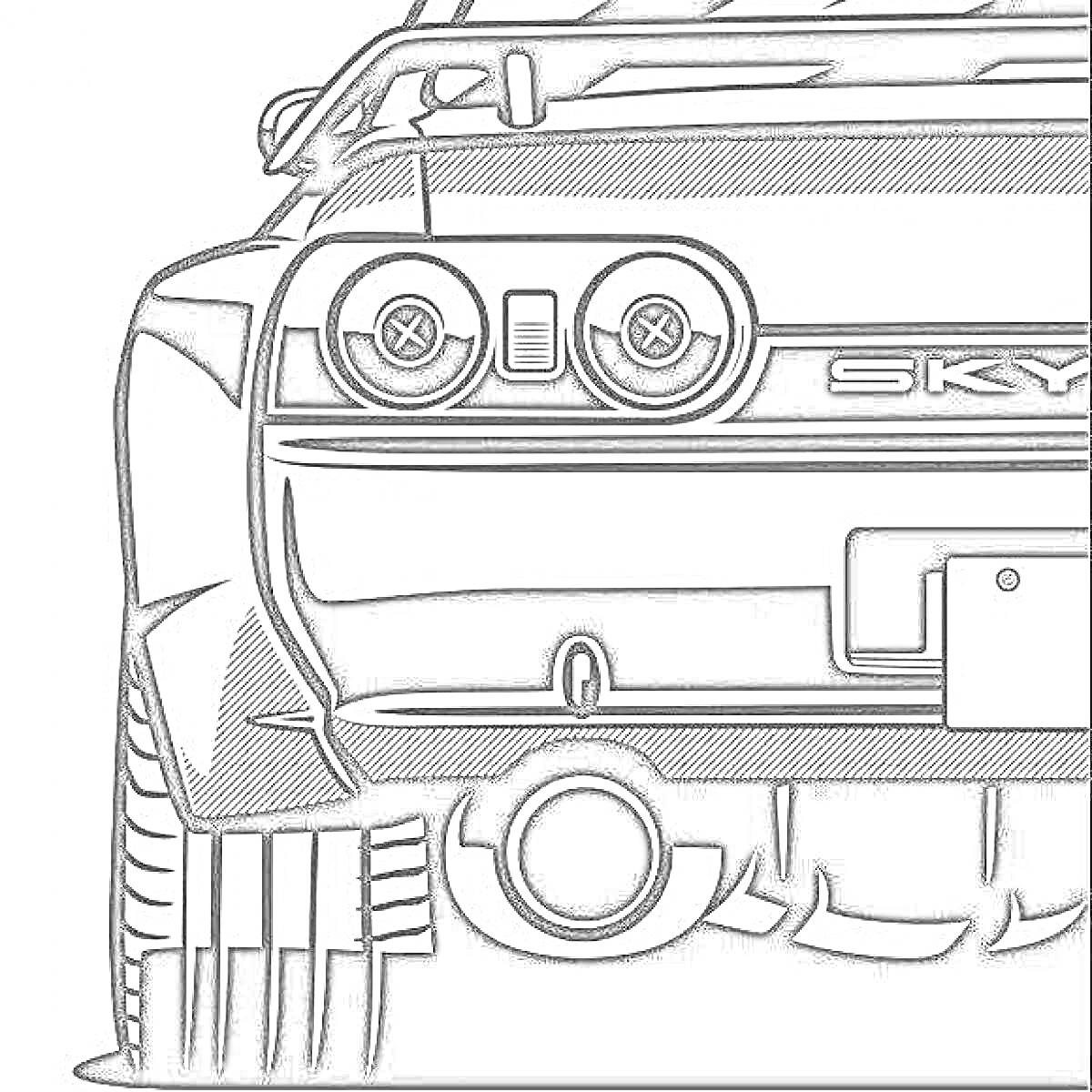 Раскраска Задняя часть JDM автомобиля с двойными круглыми фарами, фонарями, спойлером, номерным знаком и крупногабаритной выхлопной трубой.