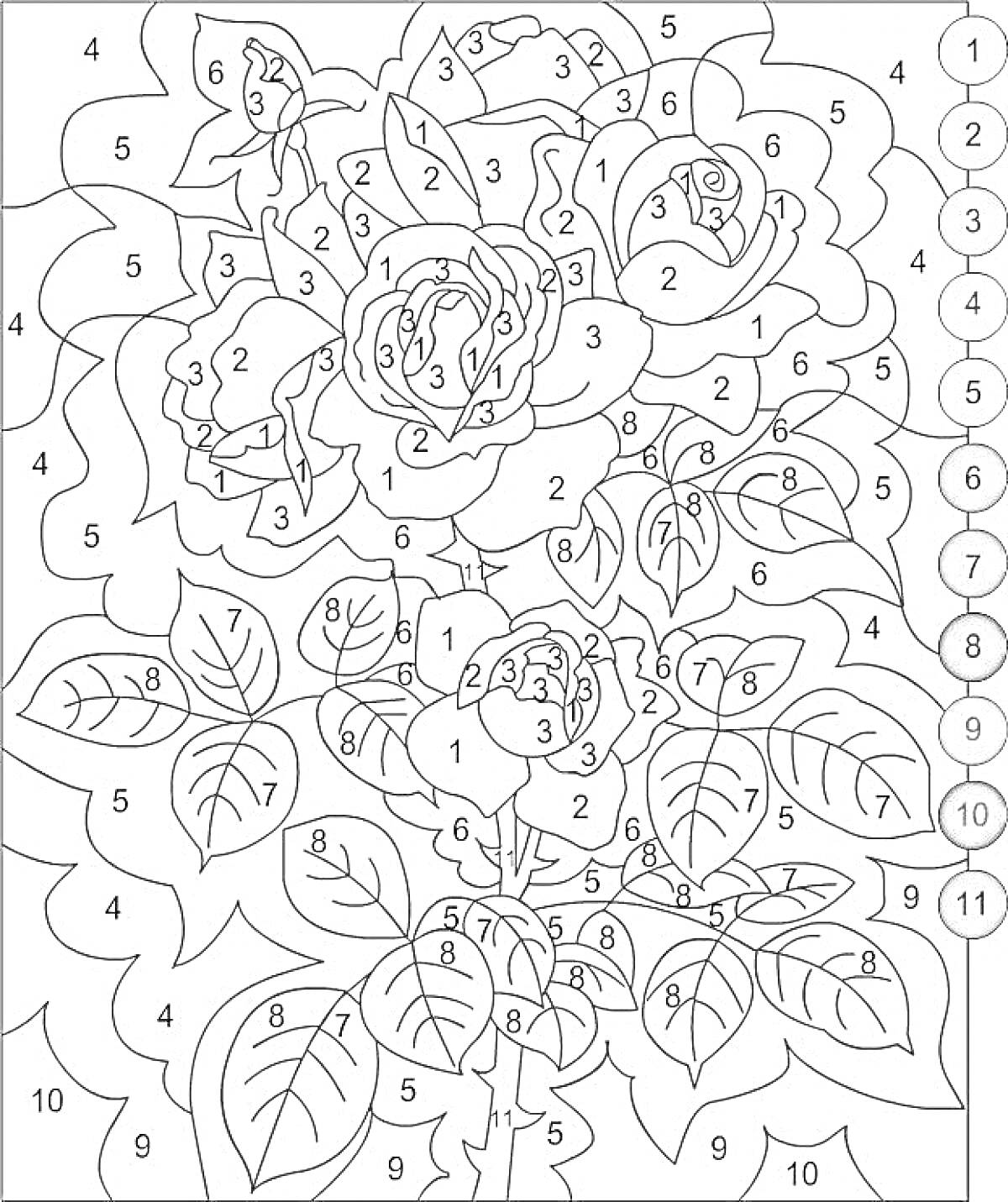 На раскраске изображено: По цифрам, Розы, Листья, Цветы, Природа, Хобби, Антистресс, Для взрослых