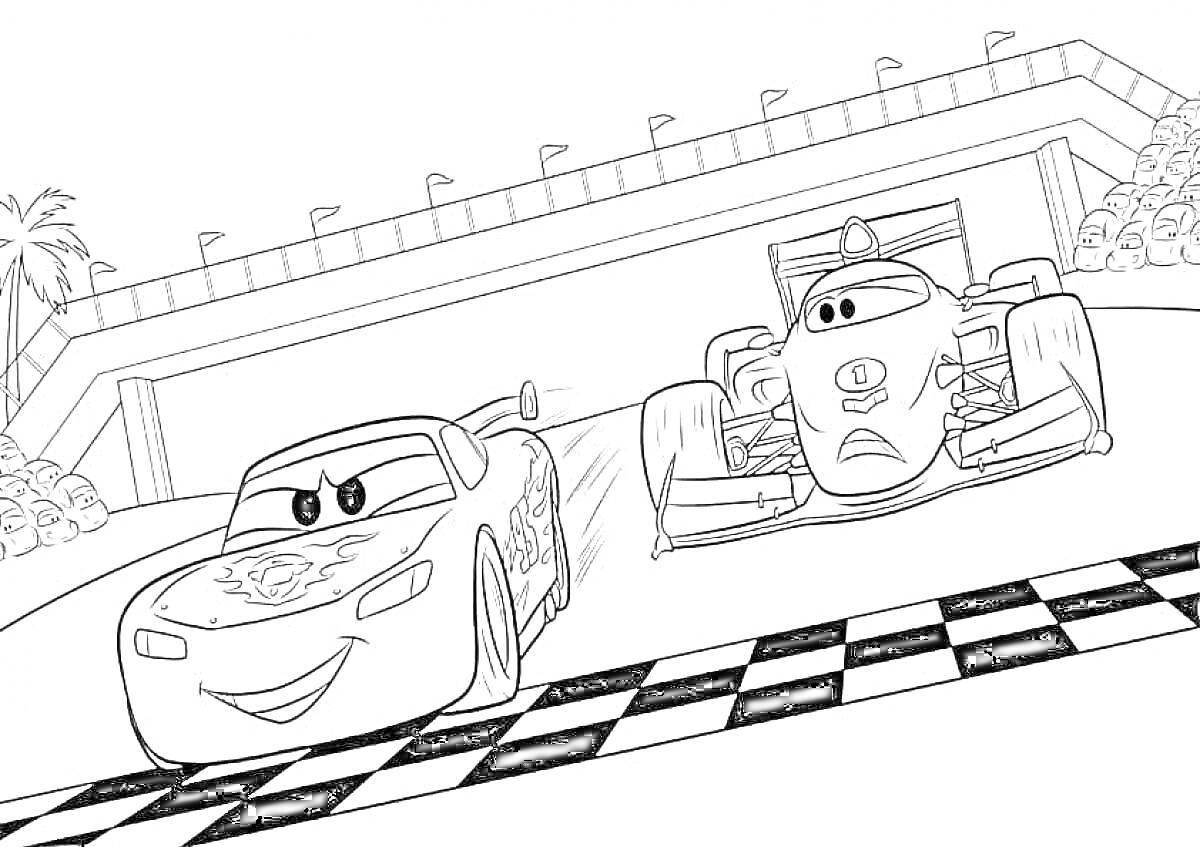 Гоночные машины Маквин и другая машина на финишной линии на трассе с трибунами и зрителями