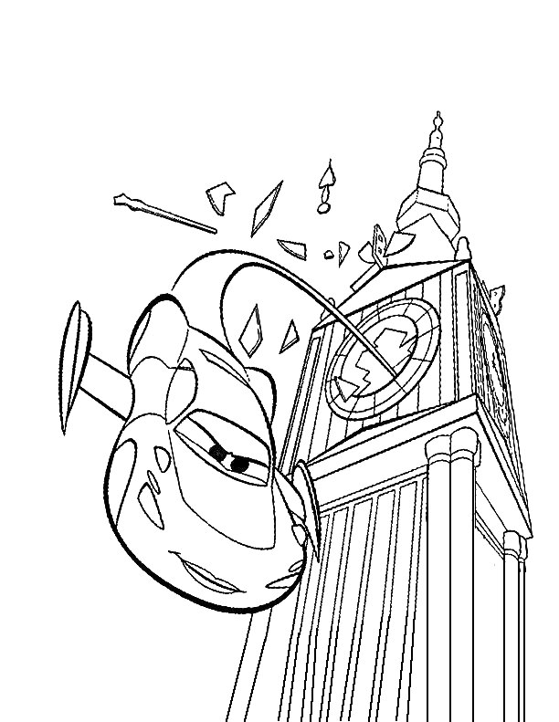 Раскраска Молния Маквин разбивает часы на башне