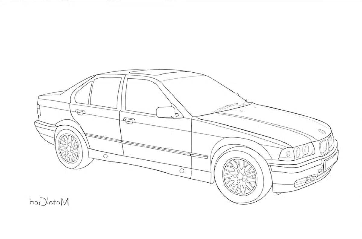 Раскраска Чертеж автомобиля BMW E34 с пятью дверями, четырьмя колесами и боковыми зеркалами