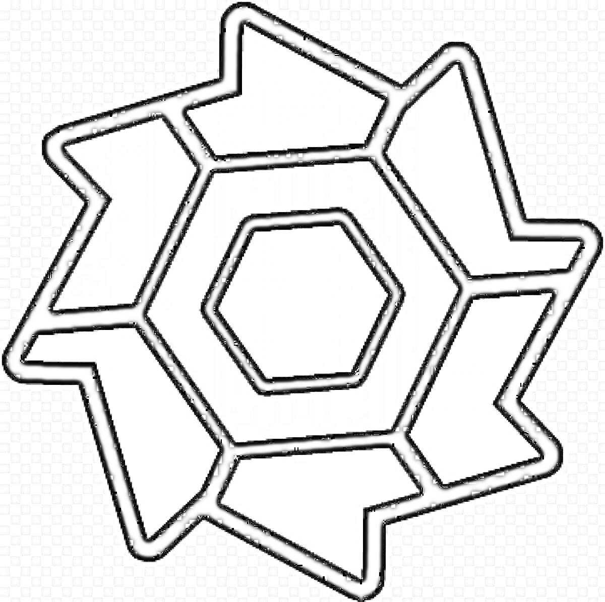 Раскраска Геометрическая фигура в стиле Geometry Dash с центральным шестиугольником и окружающими трапециями