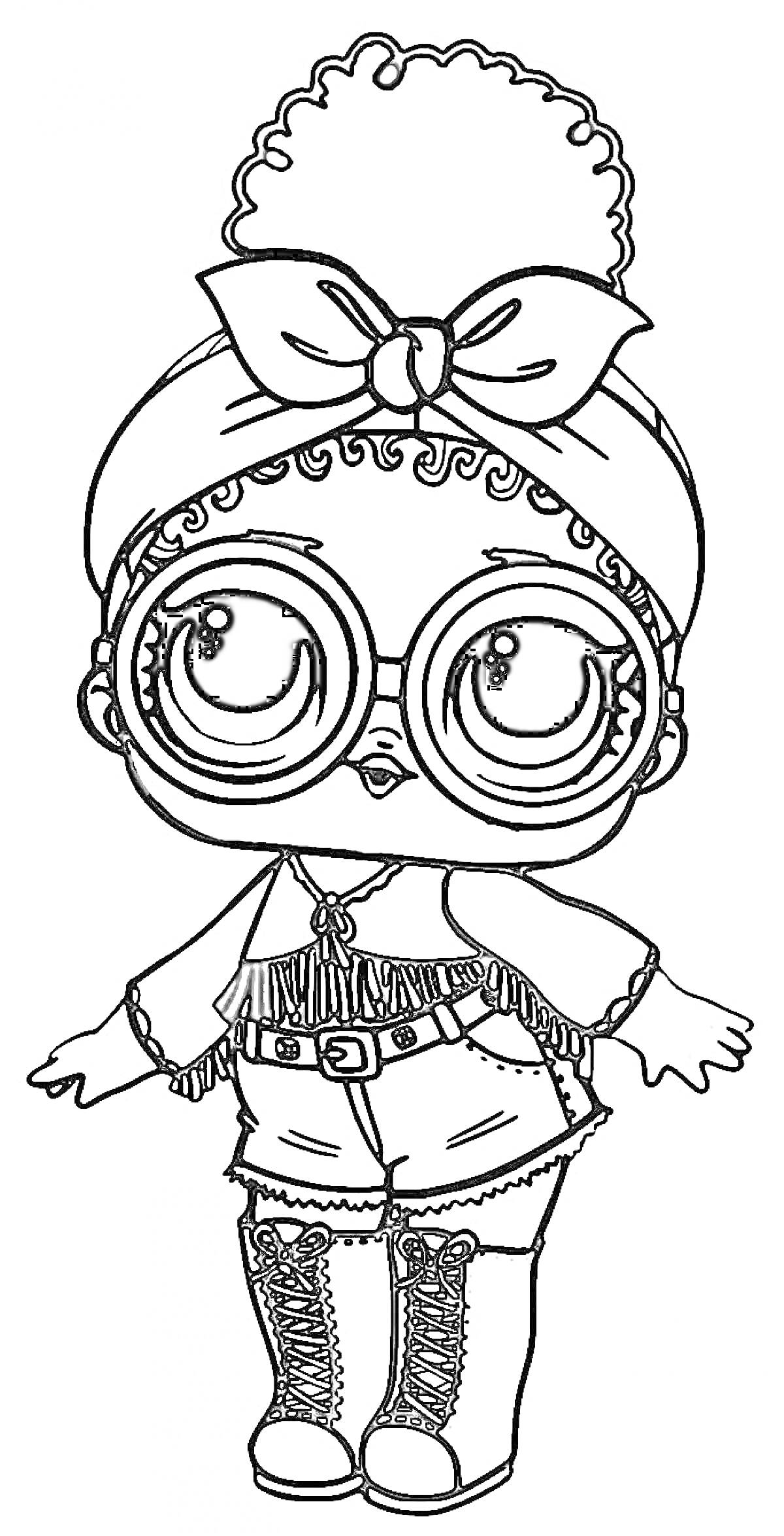 Раскраска Кукла Лол с большими круглыми очками, бантом на голове, в шортах, сапогах до колен и длинным рукавом