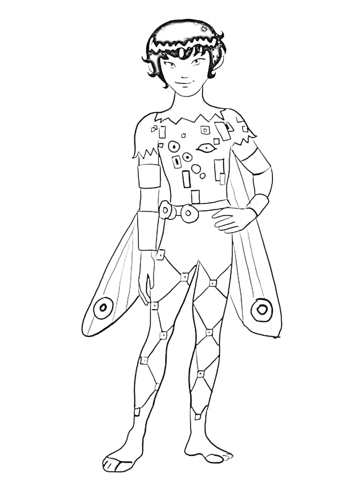 Раскраска Фея с короткими волосами, крыльями и нарядом из геометрических фигур