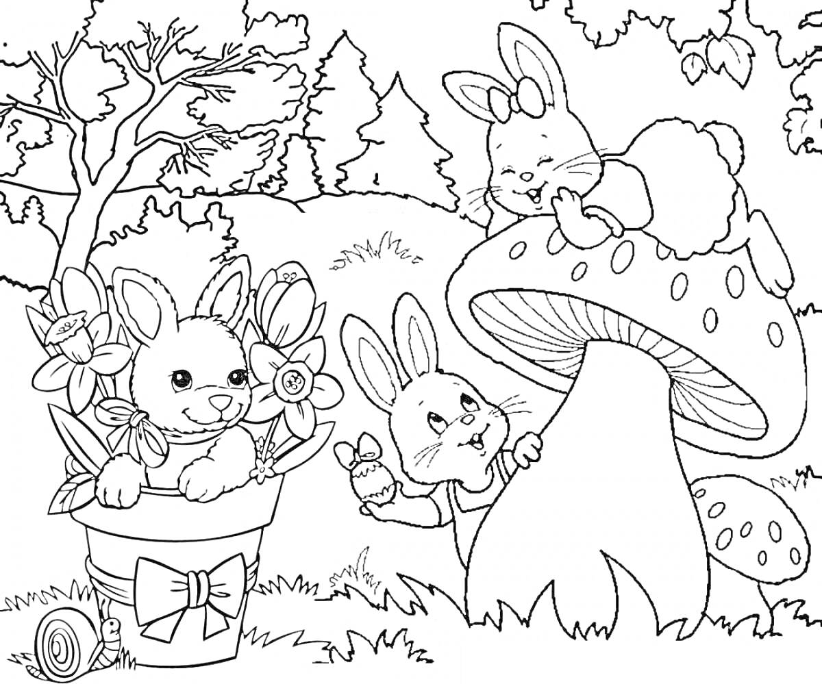 Раскраска Три зайчика играют на лугу с цветами и большим грибом