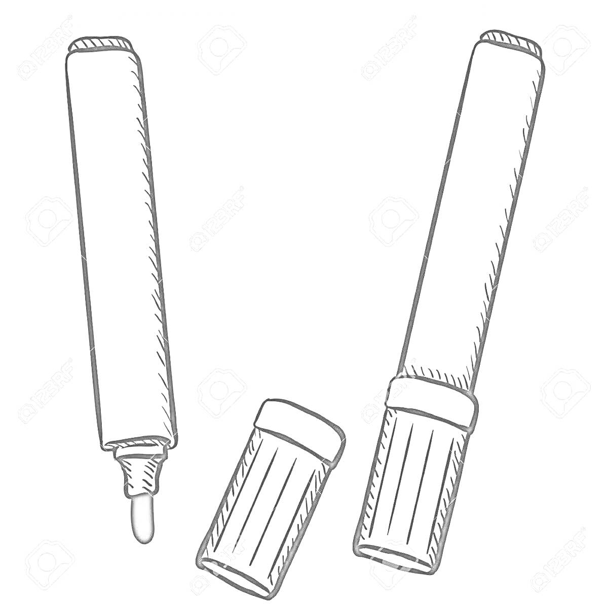 Раскраска Два фломастера: один со снятым колпачком и один закрытый, а также отдельный колпачок