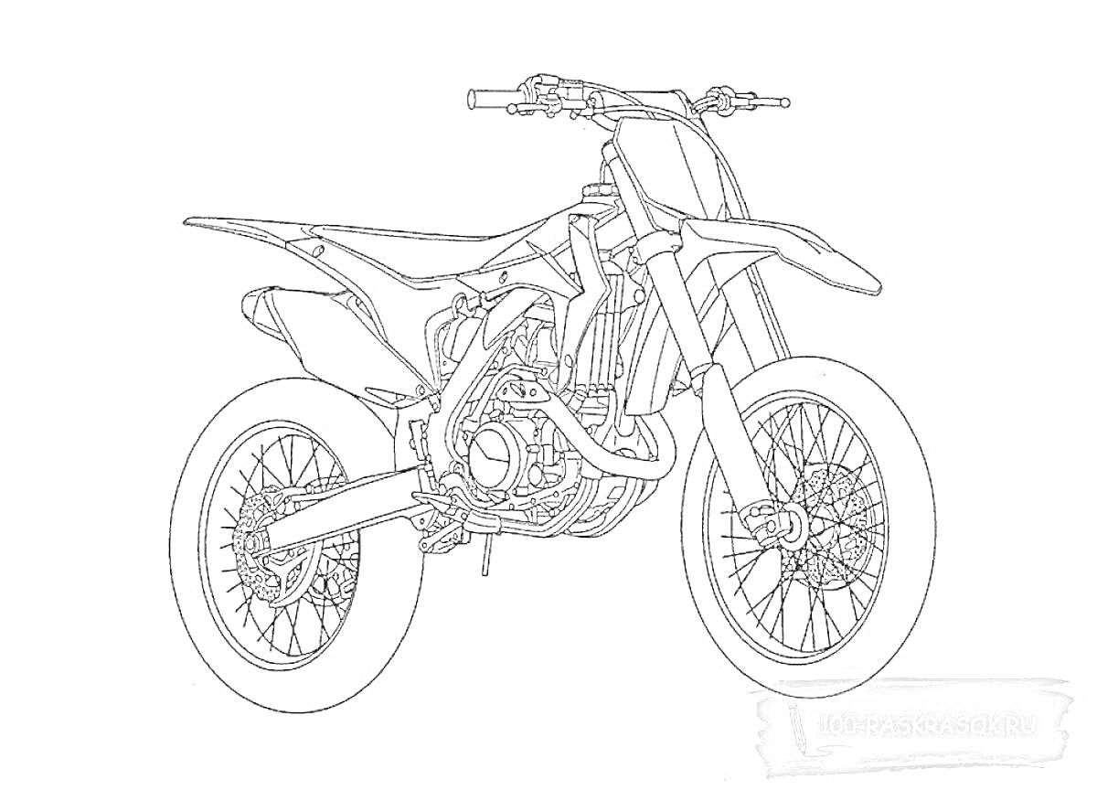 Раскраска Питбайк в деталях - рама, колёса, руль, двигатель, цепь, сиденье