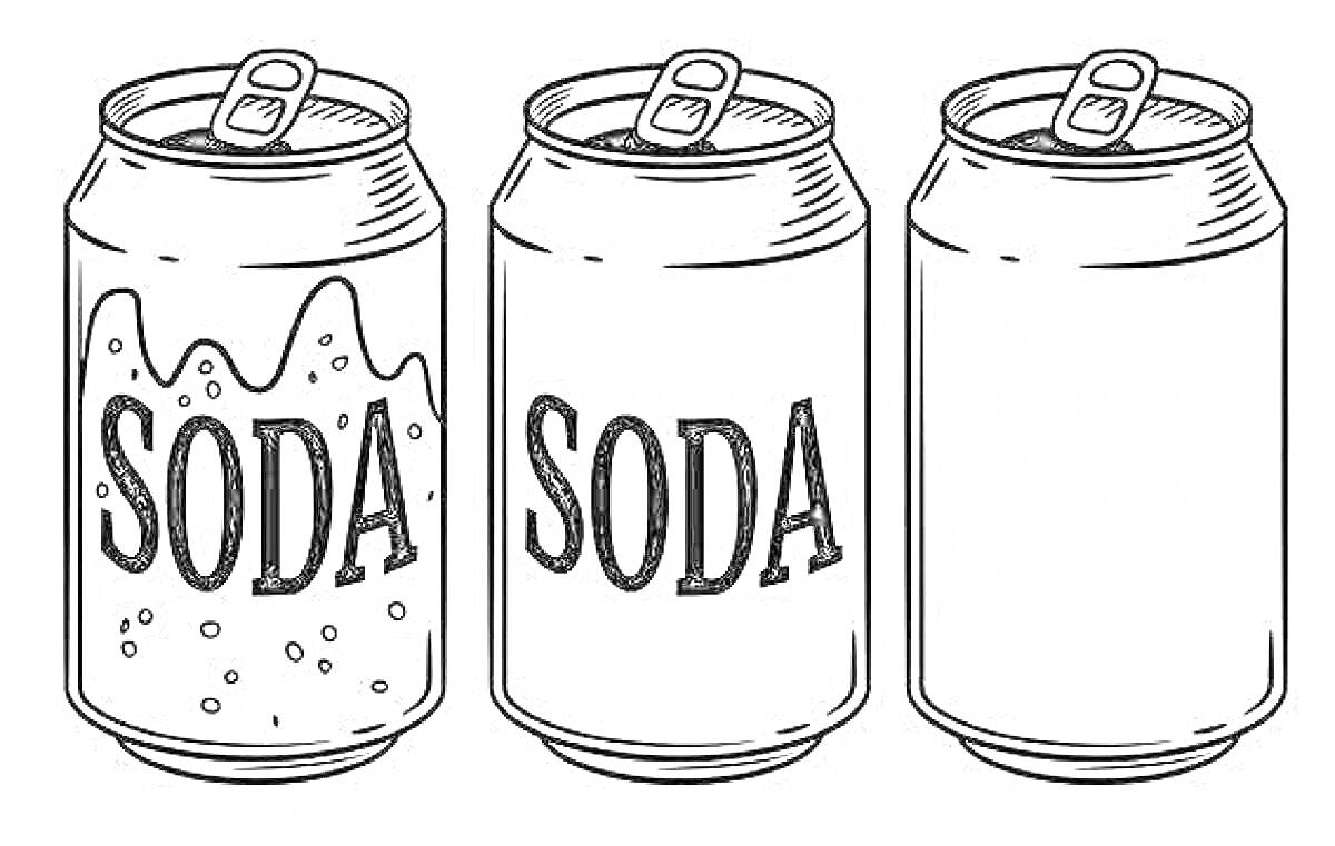 Раскраска три алюминиевые банки с газировкой, одна с пузырьками и надписью SODA, одна с надписью SODA, одна пустая