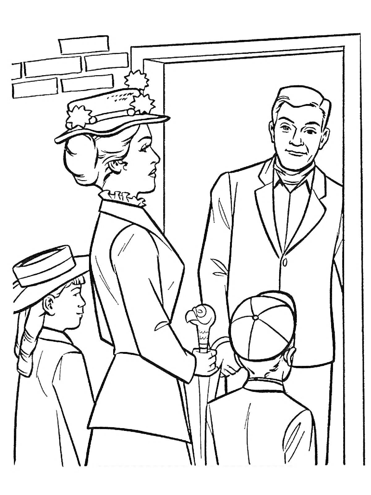 Раскраска Мэри Поппинс с зонтиком встречает взрослого мужчину у двери, рядом стоят два ребёнка