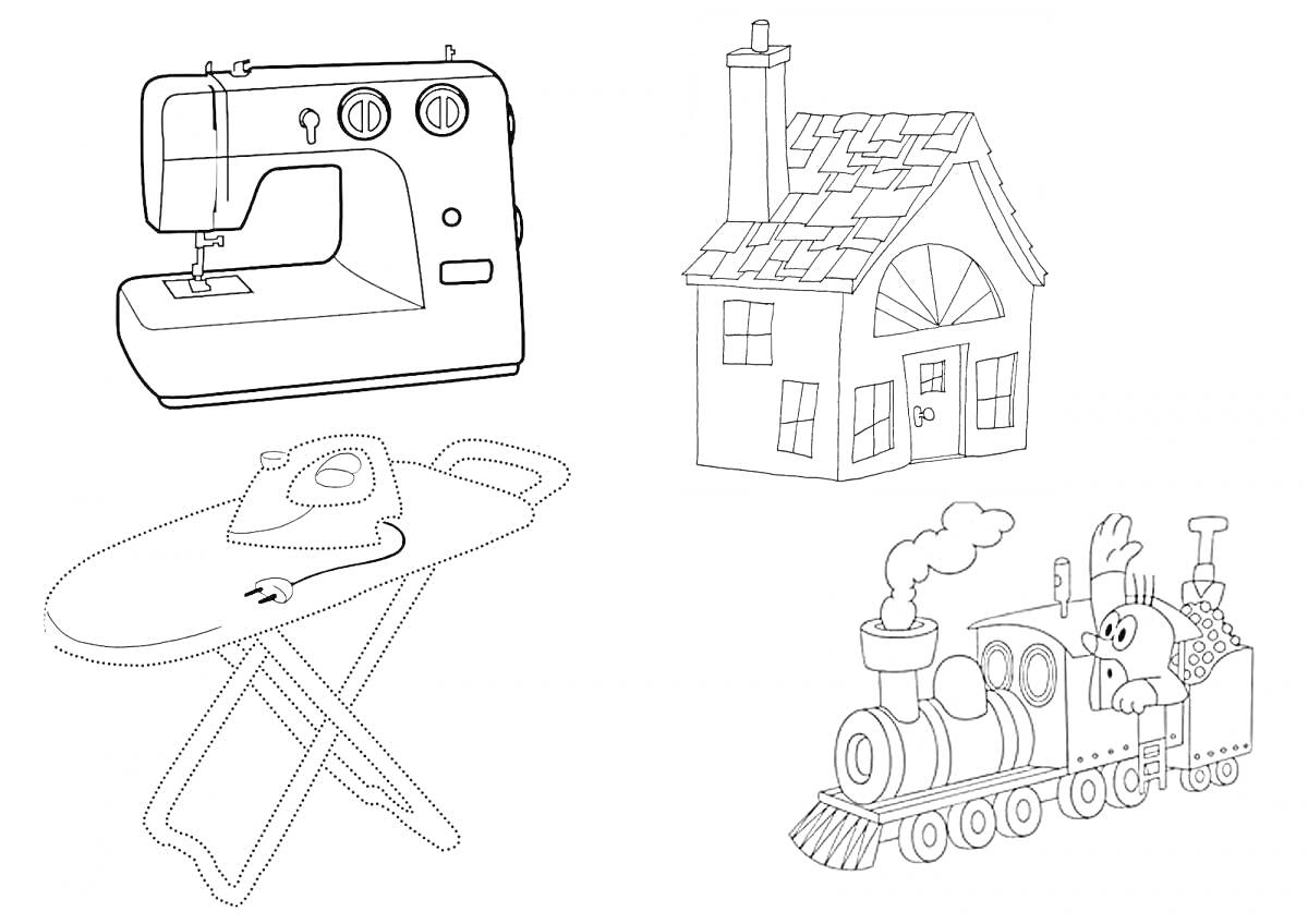 На раскраске изображено: Швейная машинка, Утюг, Гладильная доска, Домик, Электроприборы, Дошкольный возраст