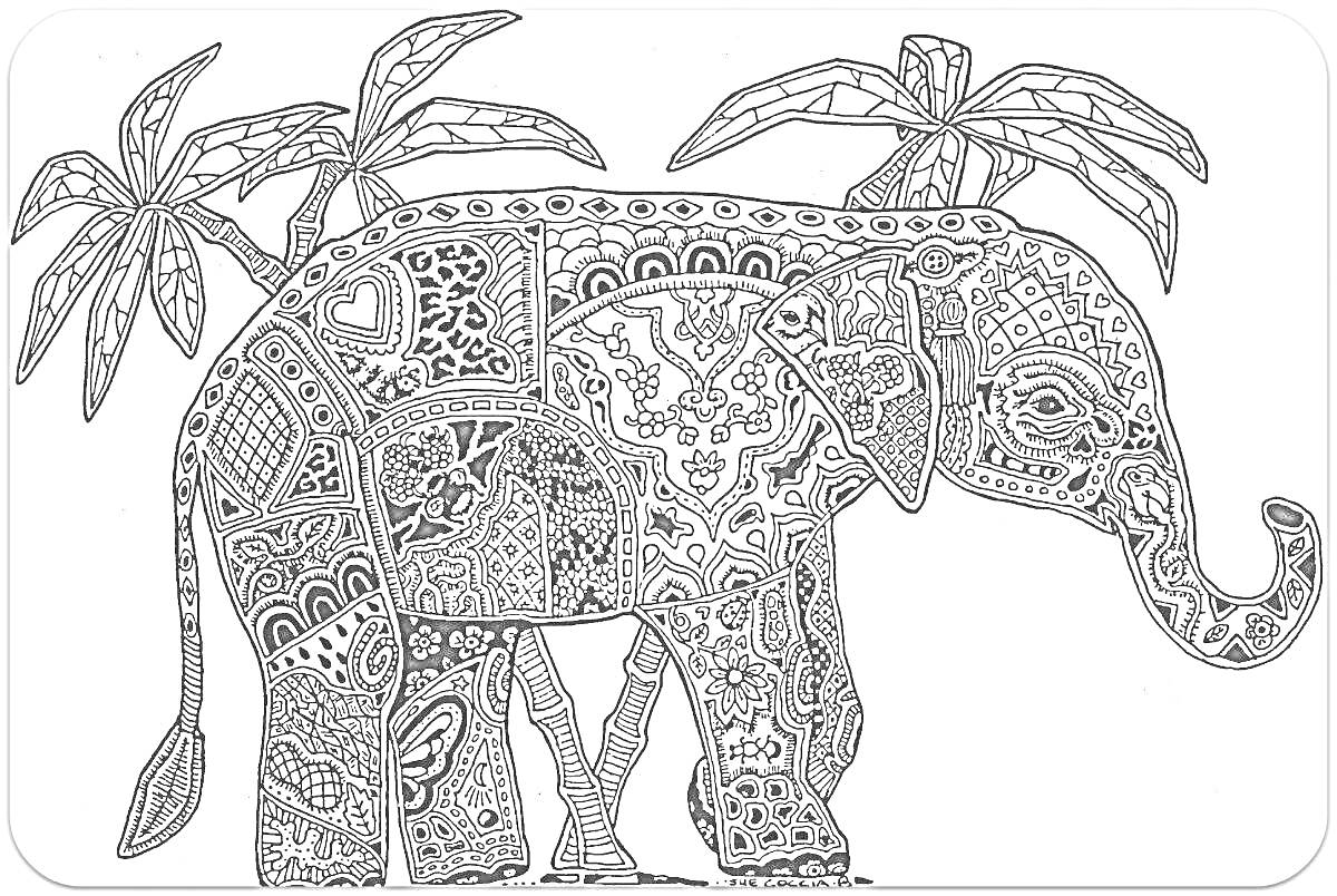 На раскраске изображено: Антистресс, Слон, Пальмы, Узоры, Животные, Детализированное изображение, Релакс