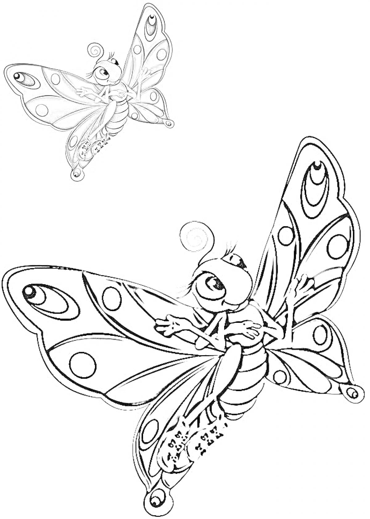 Бабочка с цветным образцом в левом верхнем углу и черно-белым контуром для раскрашивания