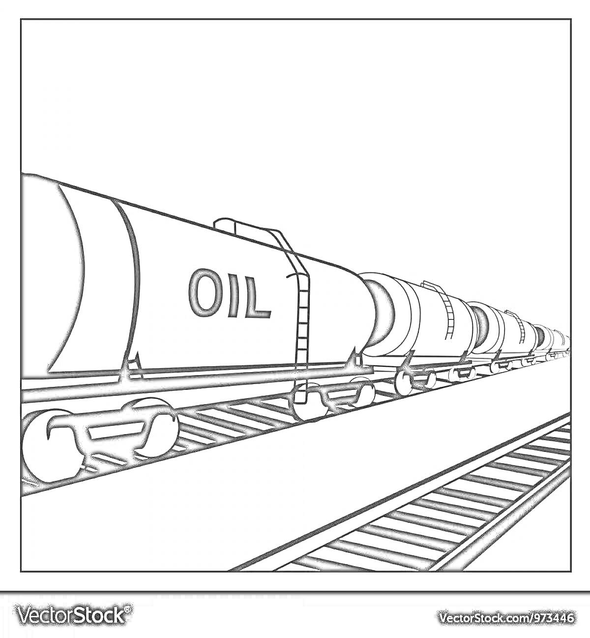 На раскраске изображено: Поезд, Цистерна, Нефть, Железная дорога, Вагоны, Рельсы, Транспортировка, Топливо